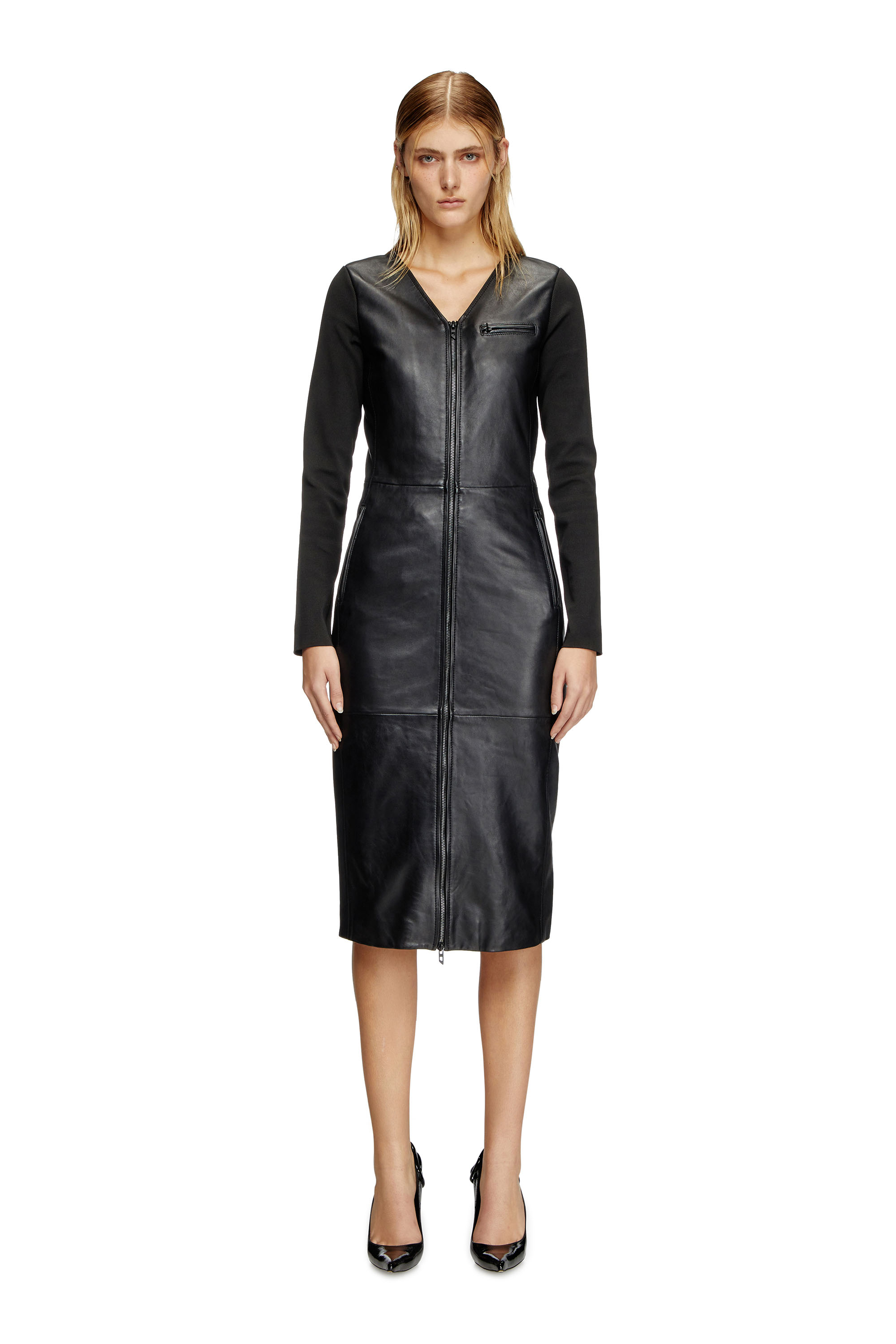 Diesel - L-OLA, Woman's Dress in leather and stretch knit in Black - 3