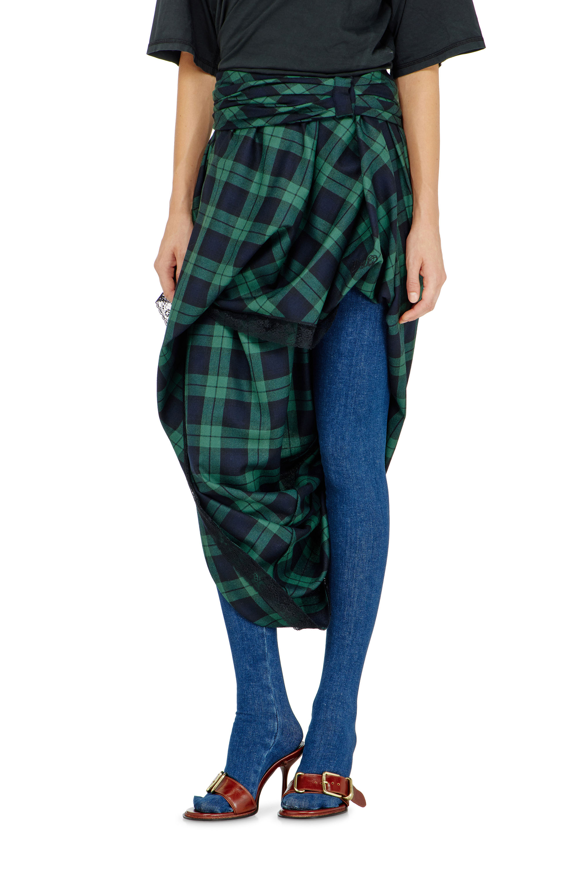 Diesel - O-WINNY, Woman's Draped tartan midi skirt with lace trim in null - 2