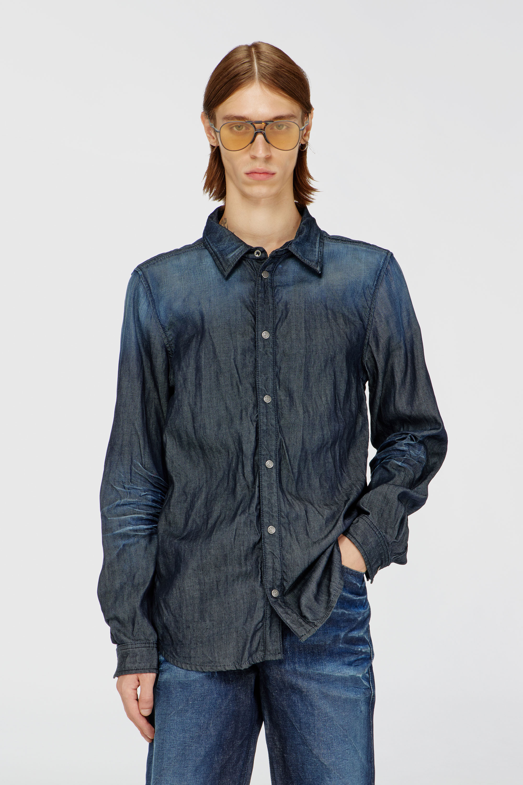 Diesel - D-SYNAR-FSJ1, Man's Shirt in creased denim in Dark Blue - 3