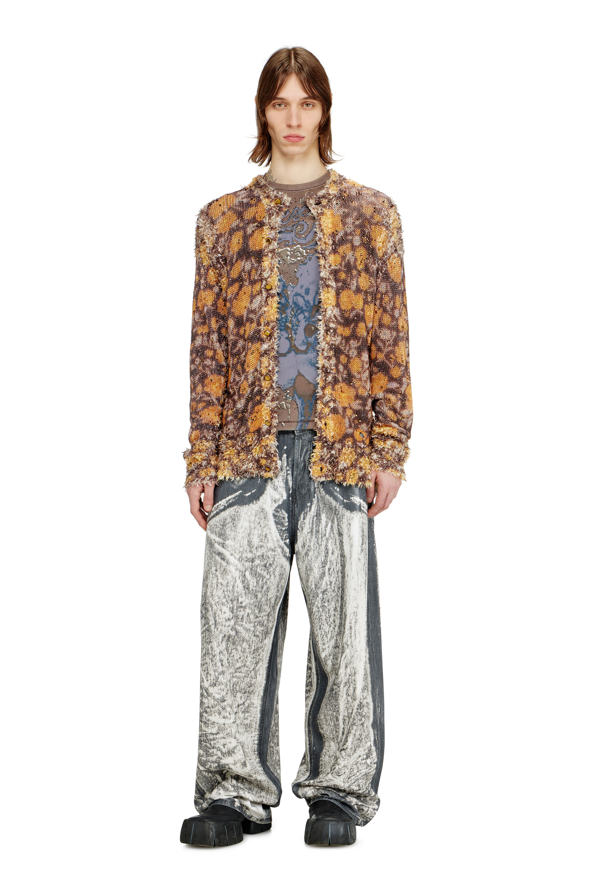 Diesel - K-LINNUS, Man's Printed linen-blend cardigan with crystals in Brown/Orange - 1