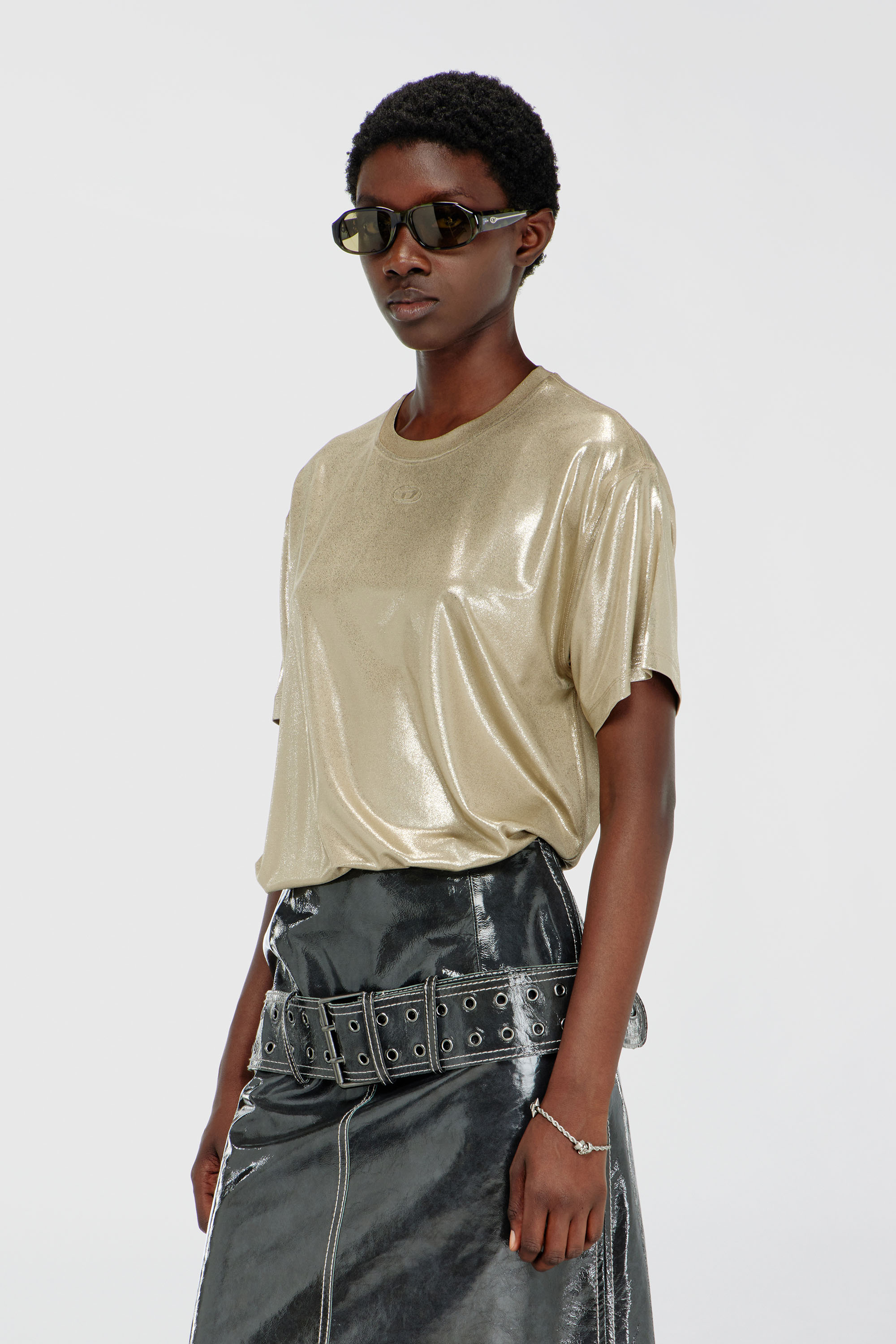 Diesel - T-NORMY-AA2, Woman's Jersey T-shirt with metallic finish in Gold - 1