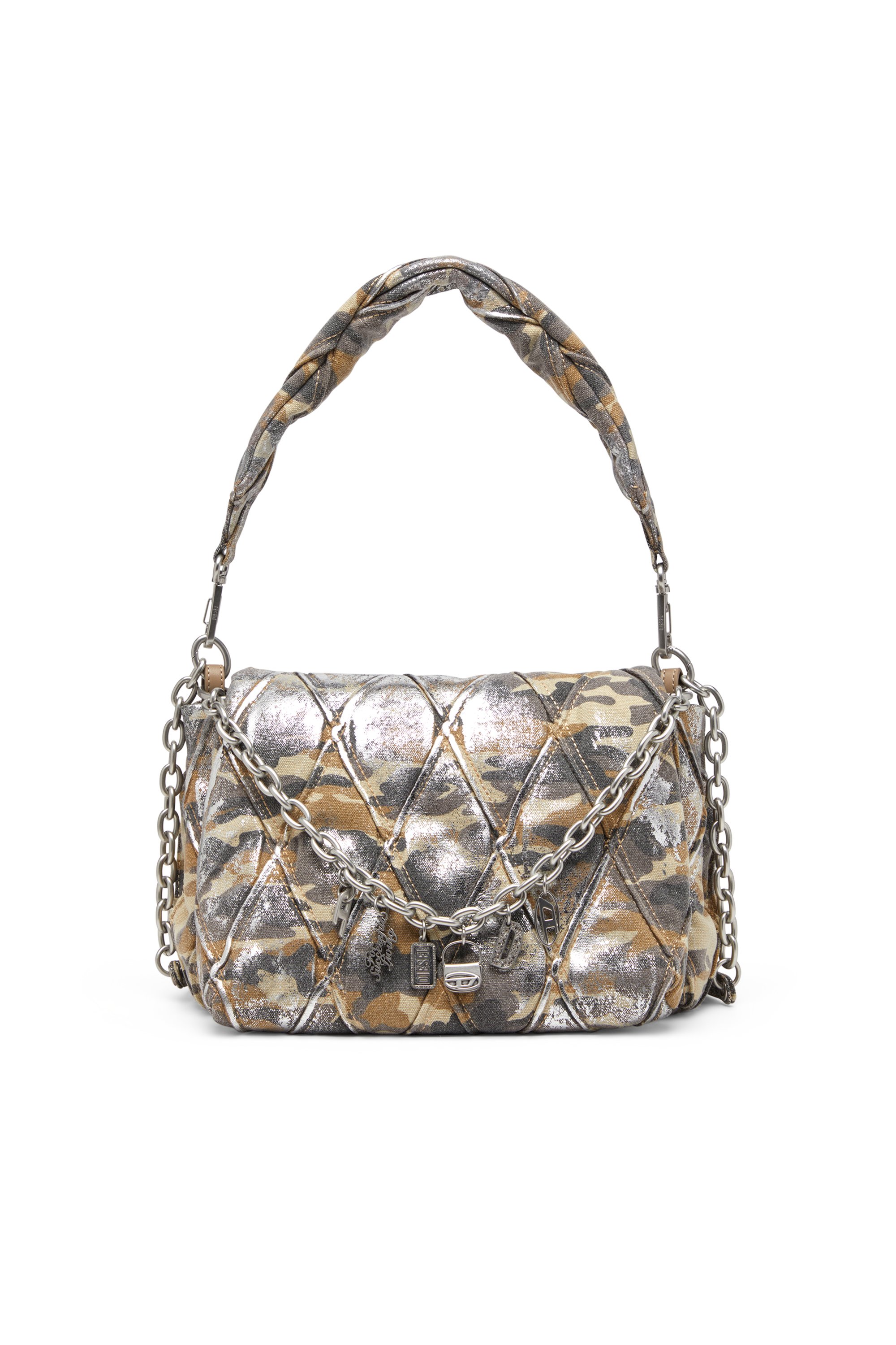 Diesel - CHARM-D SHOULDER M, Woman's Charm-D M-Shoulder bag in metallic camo canvas in Multicolor/Brown - 1