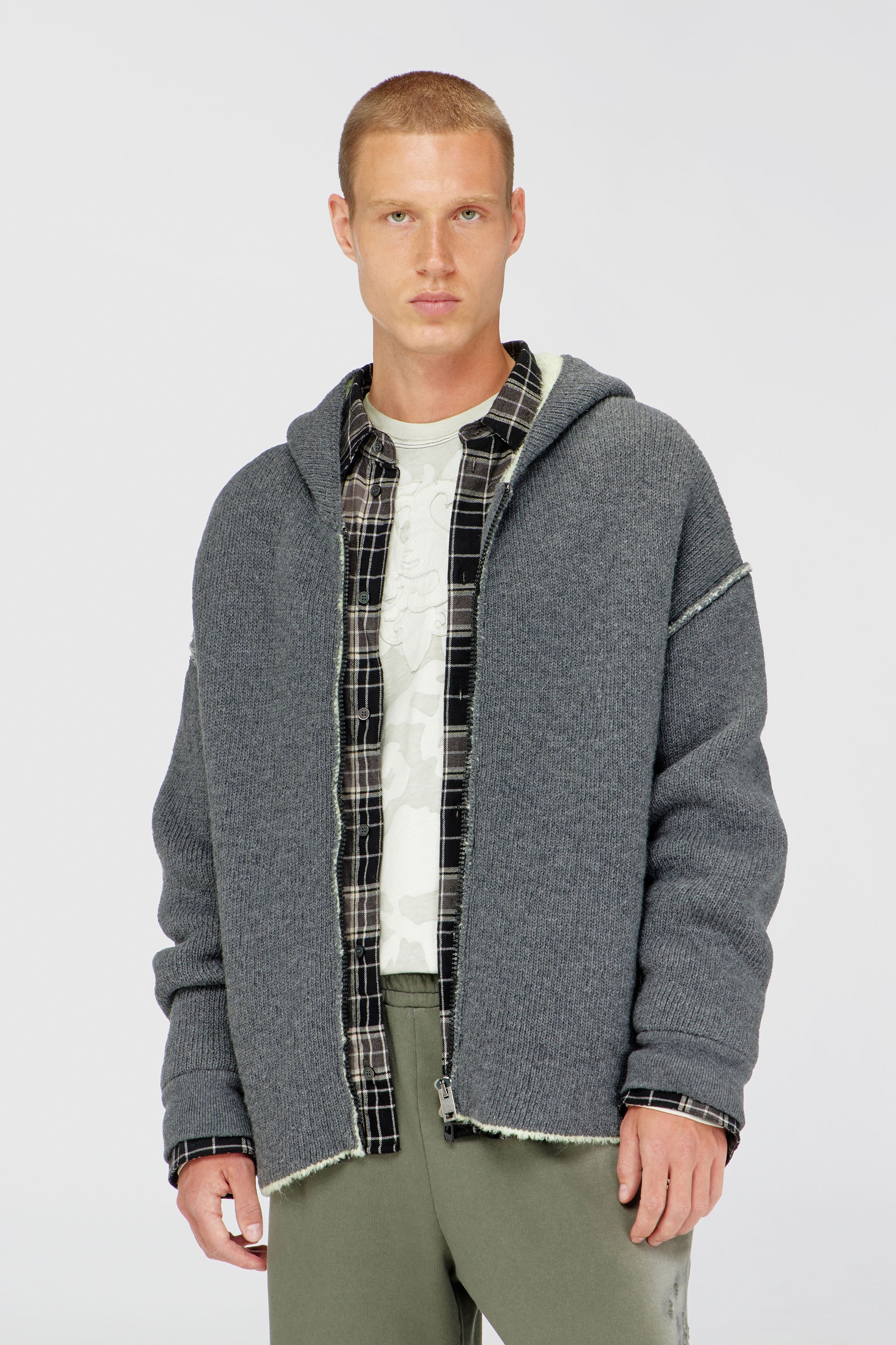 Diesel - K-BOUBBY, Man's Zip-up hoodie in dual-texture knit in Grey - 2
