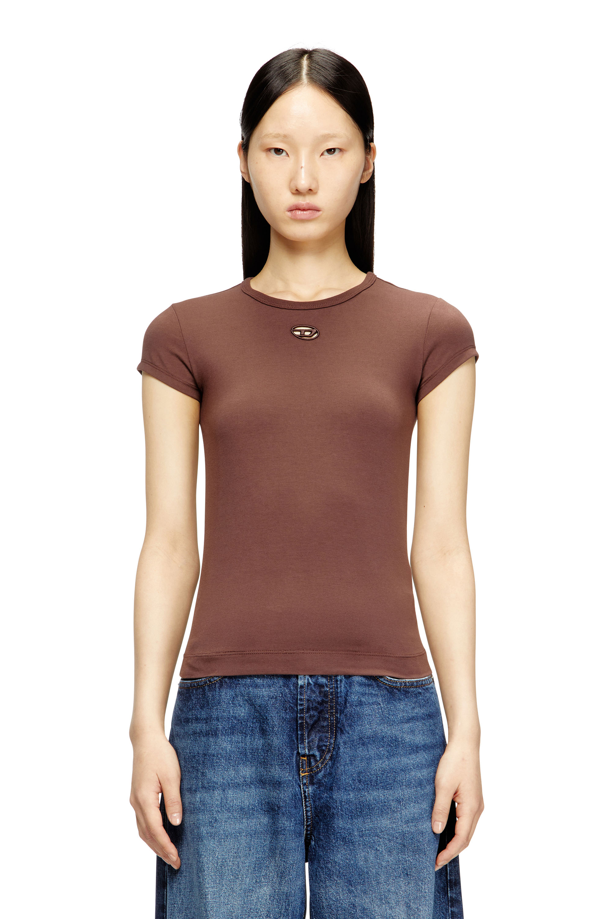 Diesel - T-ANGIE-OD, Woman's T-shirt with cut-out embroidered logo in Brown - 3