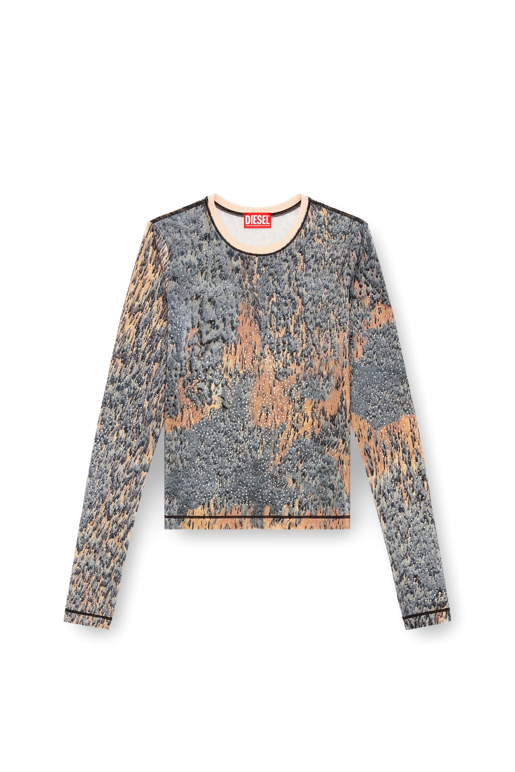 Diesel - T-CUTIE-LS, Woman's Top with crystals and Rain Camo print in Beige/Grey - 3