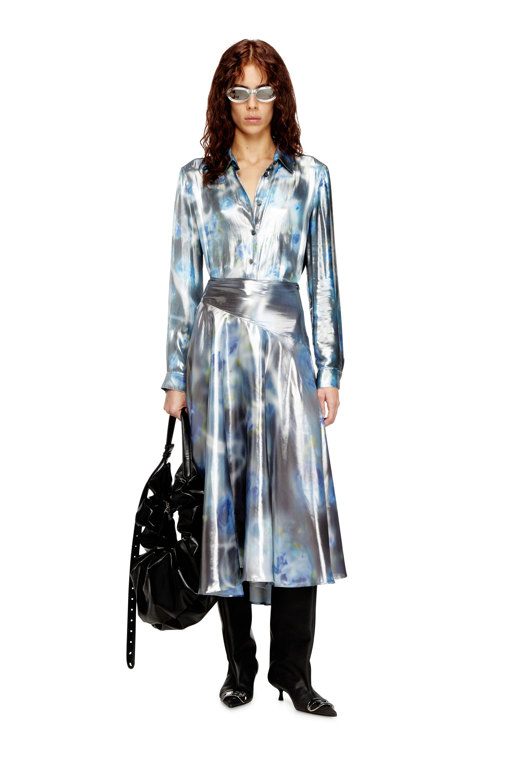 Diesel - O-ZULIE-S2, Woman's Metallic midi skirt with blurred rose print in null - 1