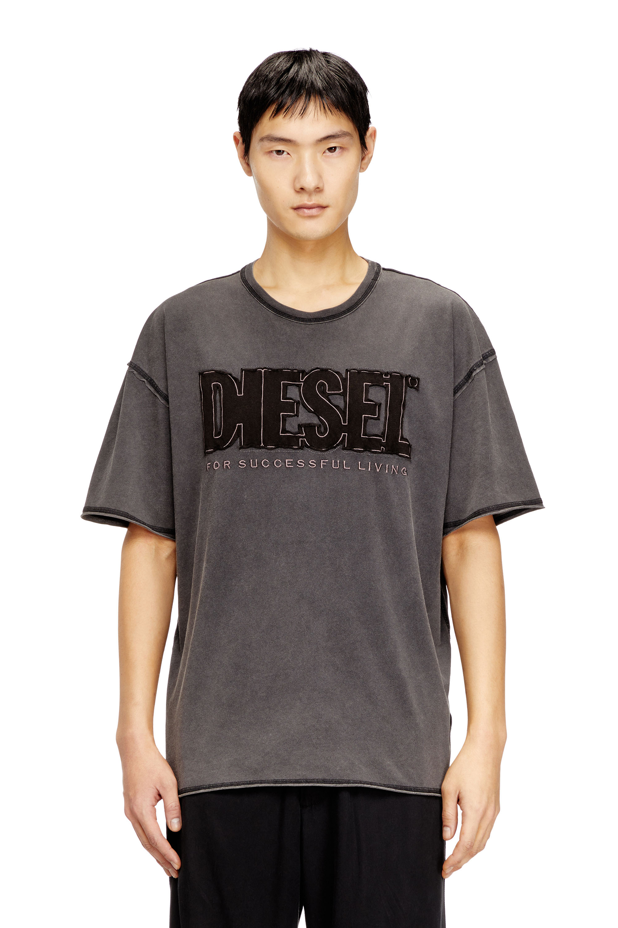 Diesel - T-RAWBOXT, Man's T-shirt with appliqu&eacute; logo and raw edge in Black/Grey - 1