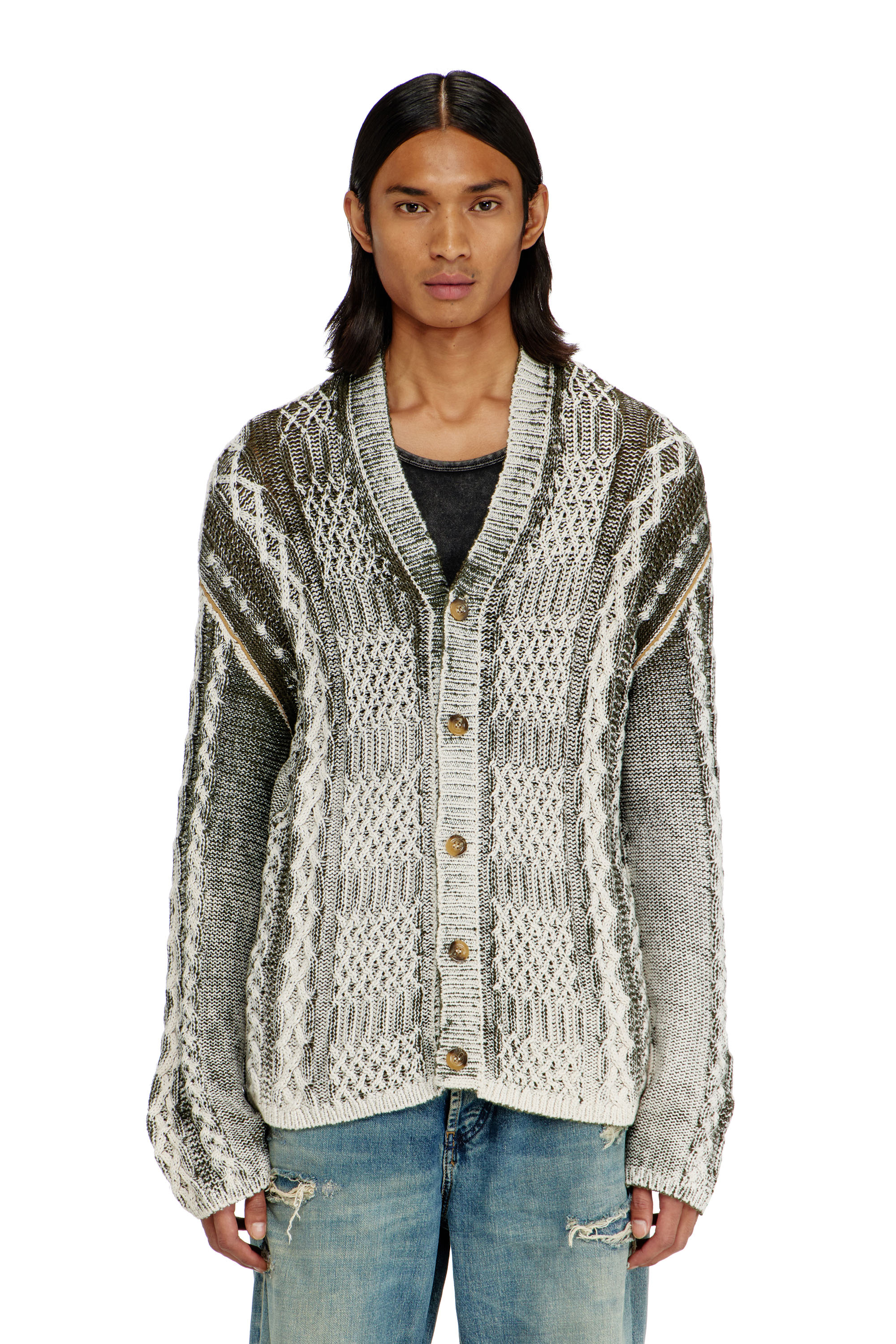 Diesel - K-MIOTO, Man's Treated cable-knit cardigan in White/Grey - 3
