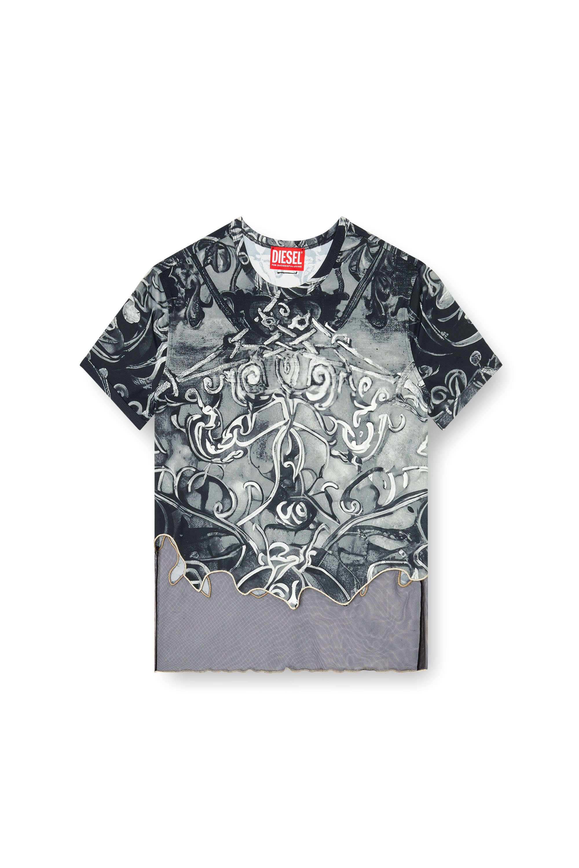 Diesel - T-INLAY, Woman's Nylon T-shirt with Heraldic print in Black/Grey - 2