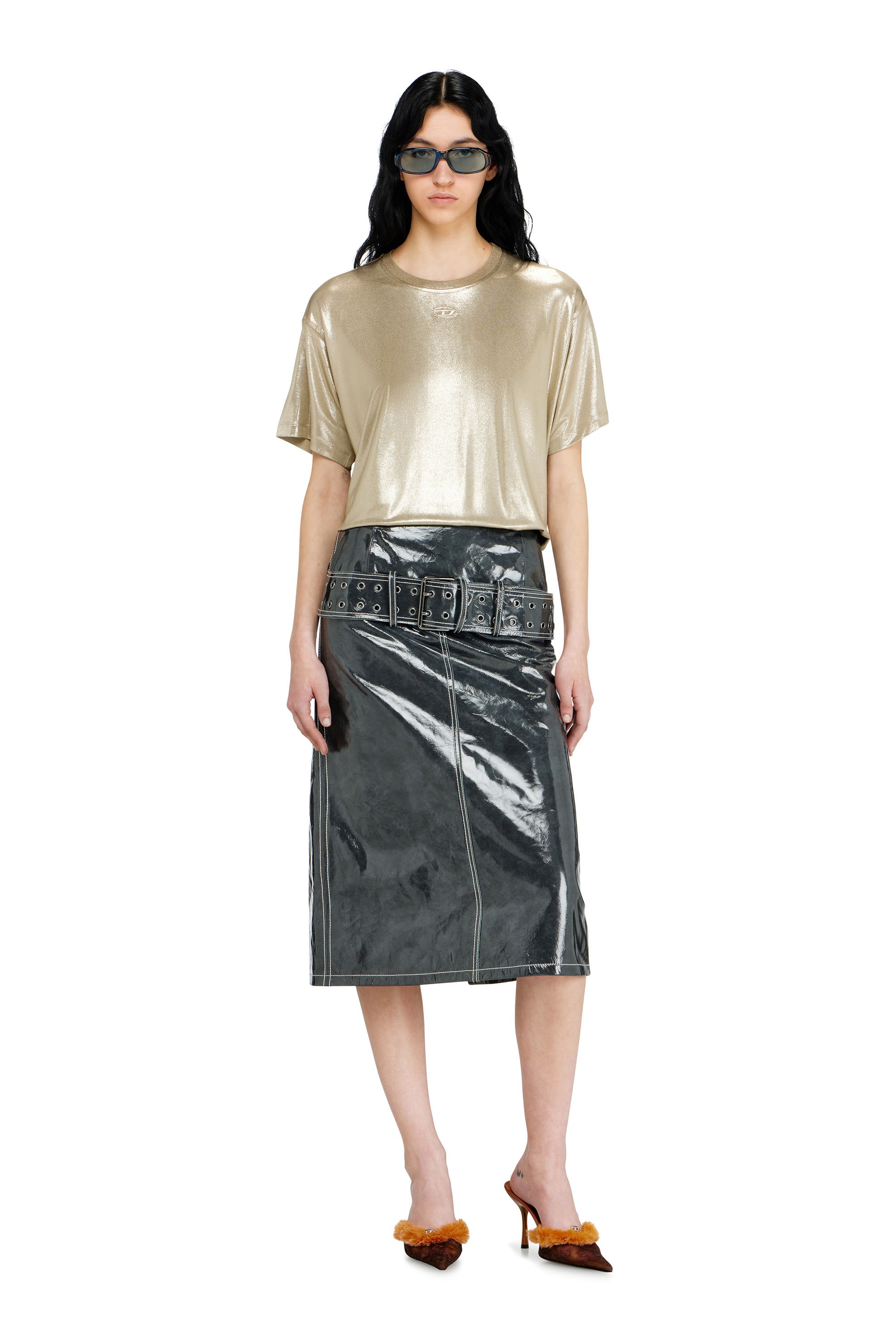 Diesel - T-NORMY-AA2, Woman's Jersey T-shirt with metallic finish in Beige - 1