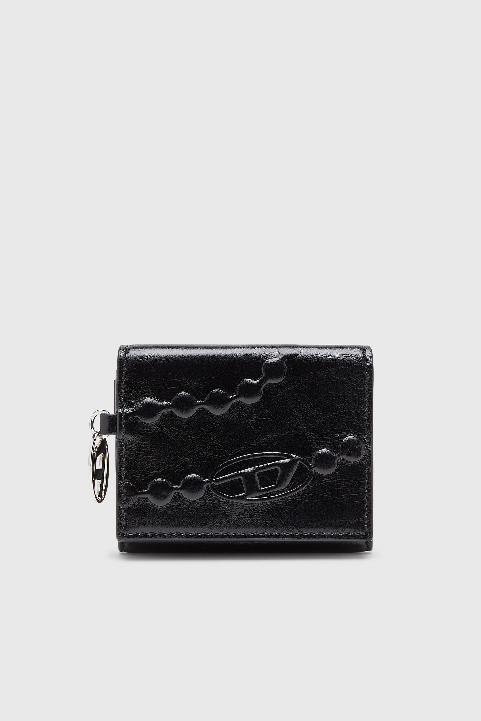 Leather tri-fold wallet with embossed motif