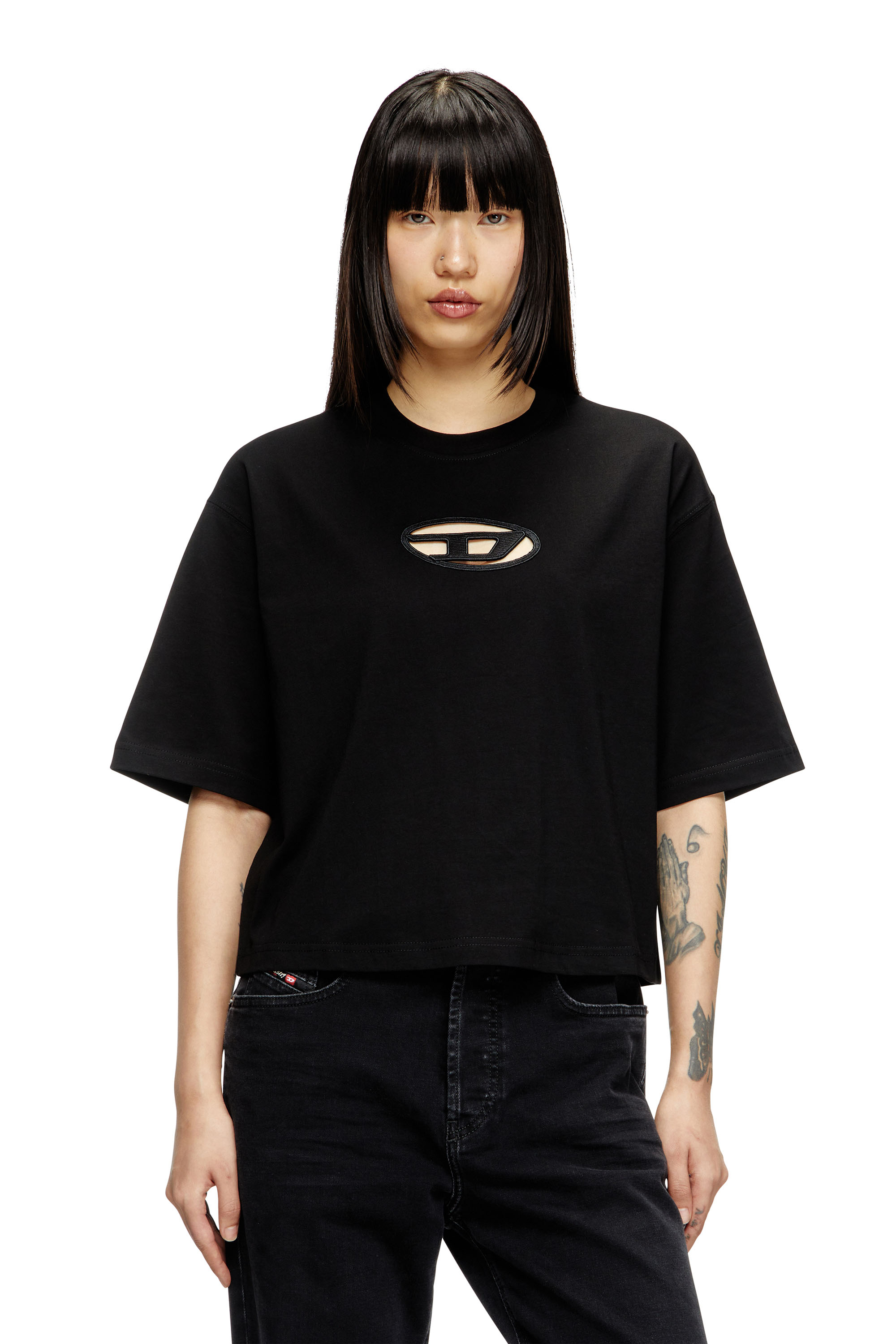 Diesel - T-ROWY-OD, Woman's Boxy T-shirt with embroidered D in Black - 1