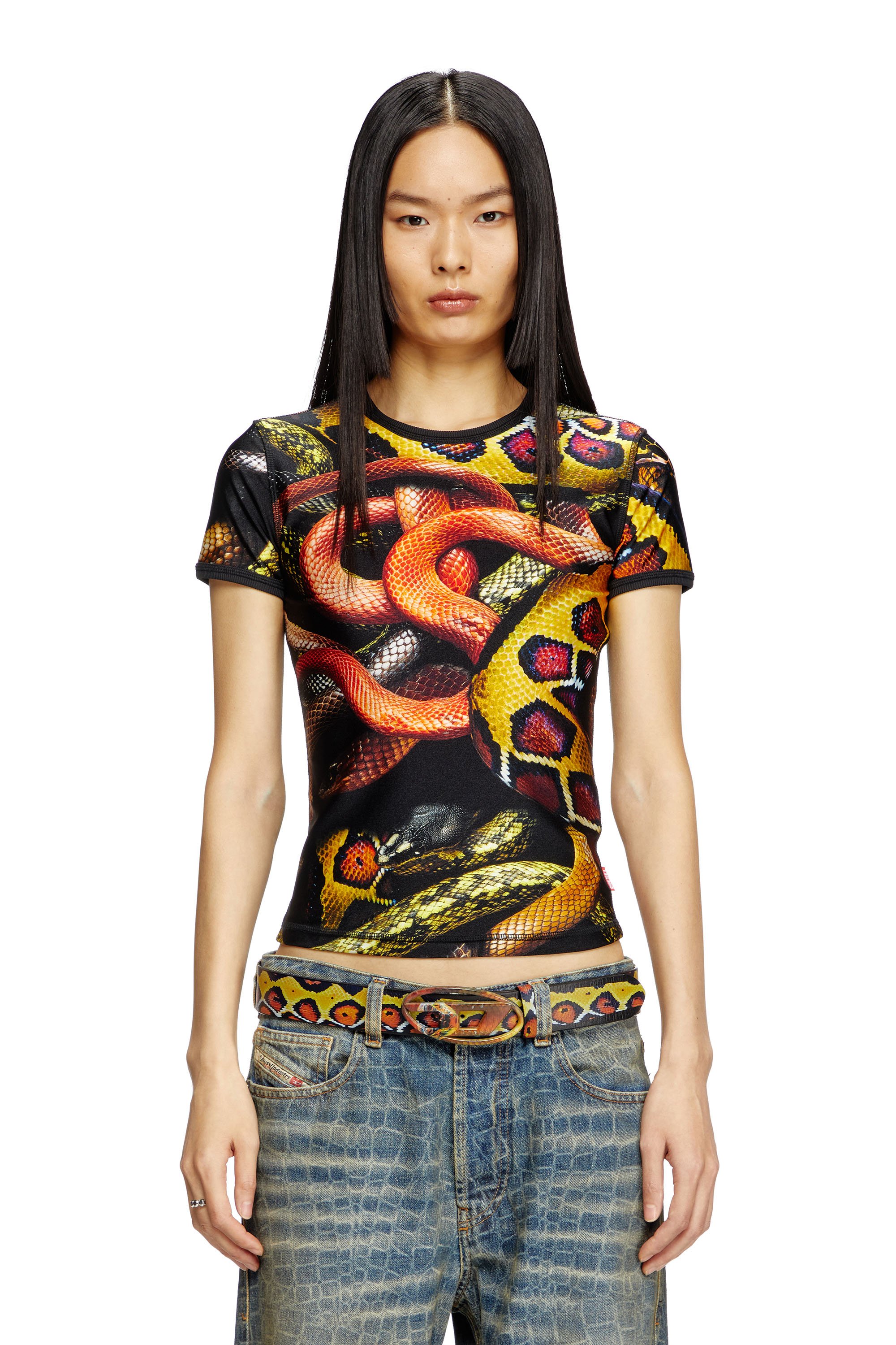 Diesel - CL-T-UNCLE-SNAKE, Unisex's Lycra T-shirt with all-over snake print in Black/Yellow - 5