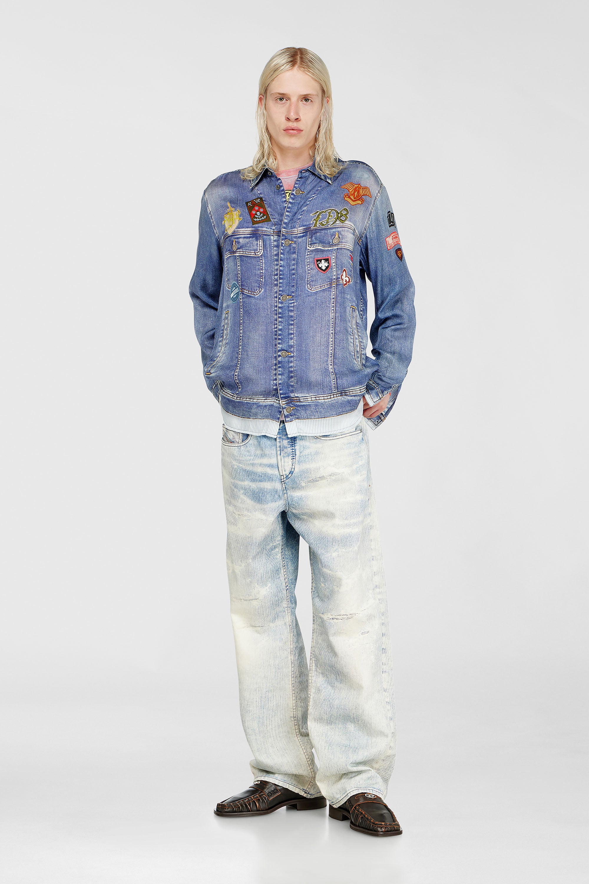 Satin shirt with trompe-l'oeil denim print