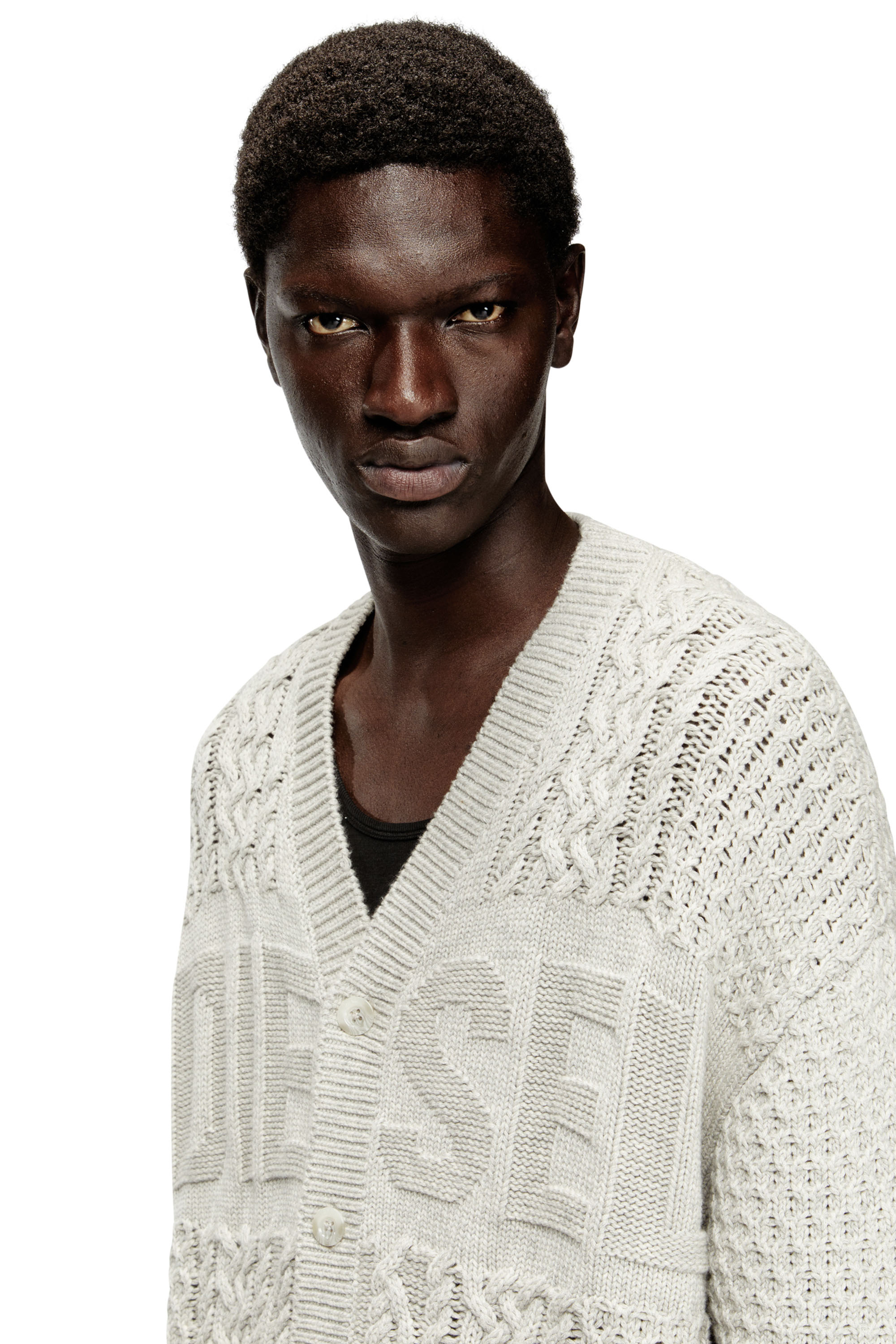 Diesel - K-ANTOINE, Man's Cable-knit cardigan with Diesel logo in Light Grey - 5