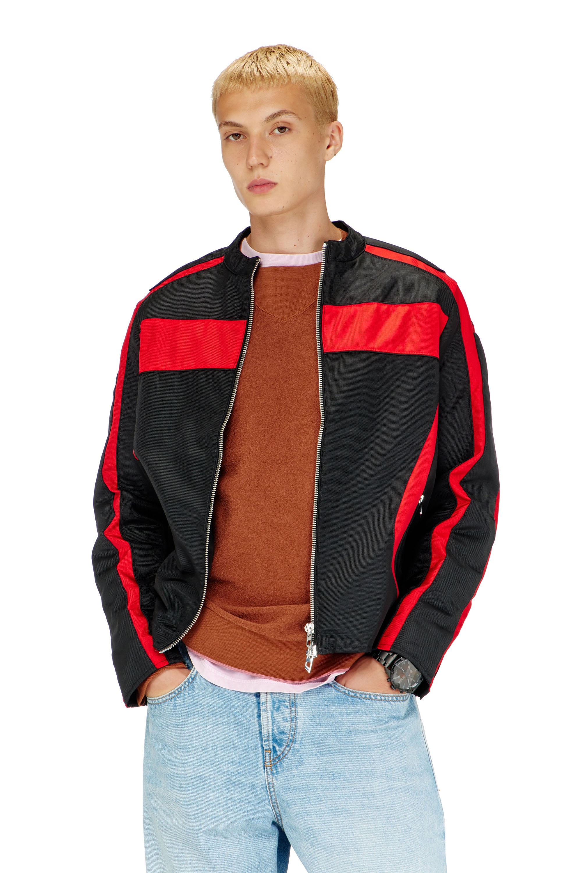 Diesel - J-ADAM-PDAI, Man's Biker jacket in colour-block canvas in Black/Red - 1