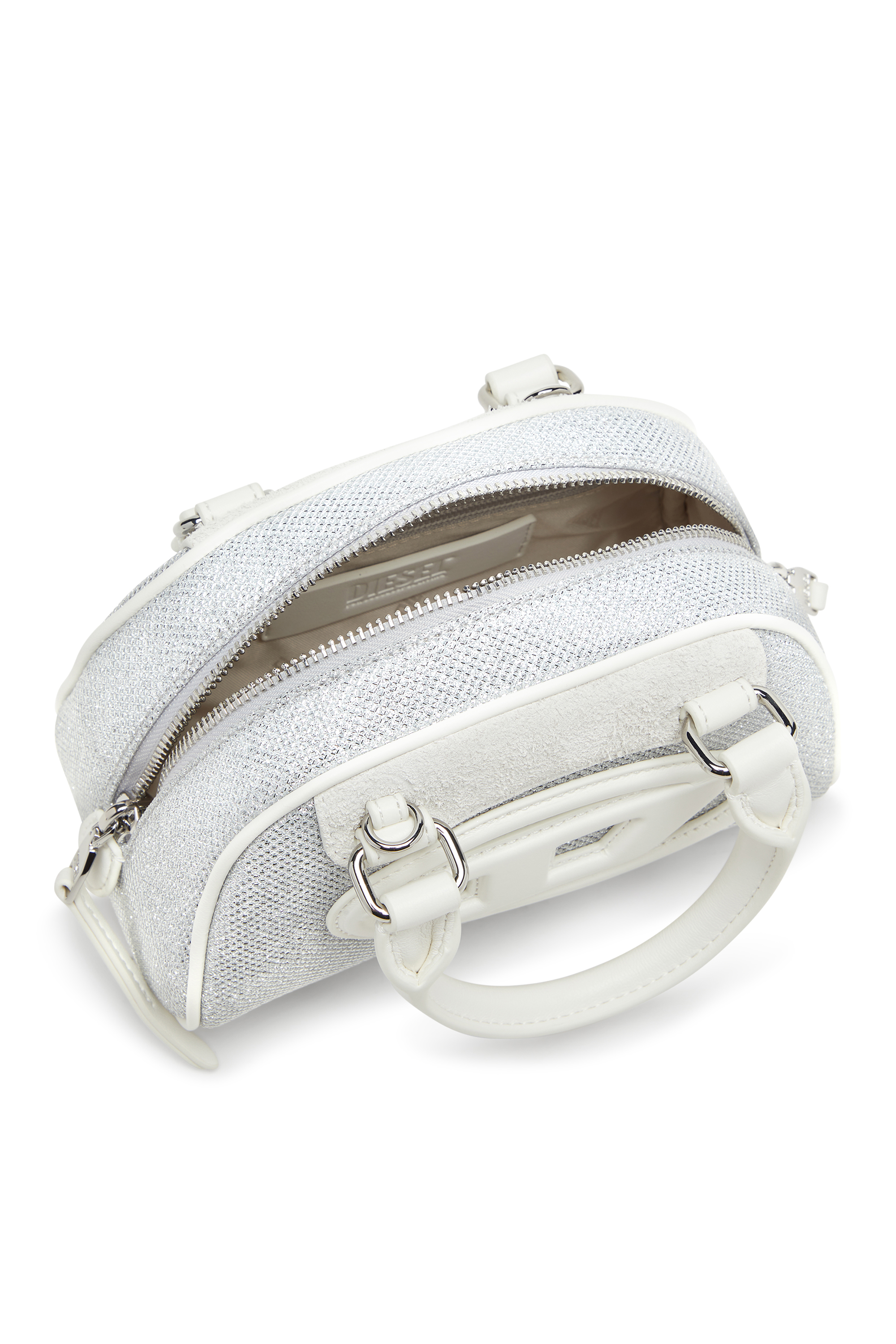 Diesel - 1DR DOME CROSSBODY, Woman's 1DR Dome-Mini bowling bag in lurex fabric in White/Grey - 3