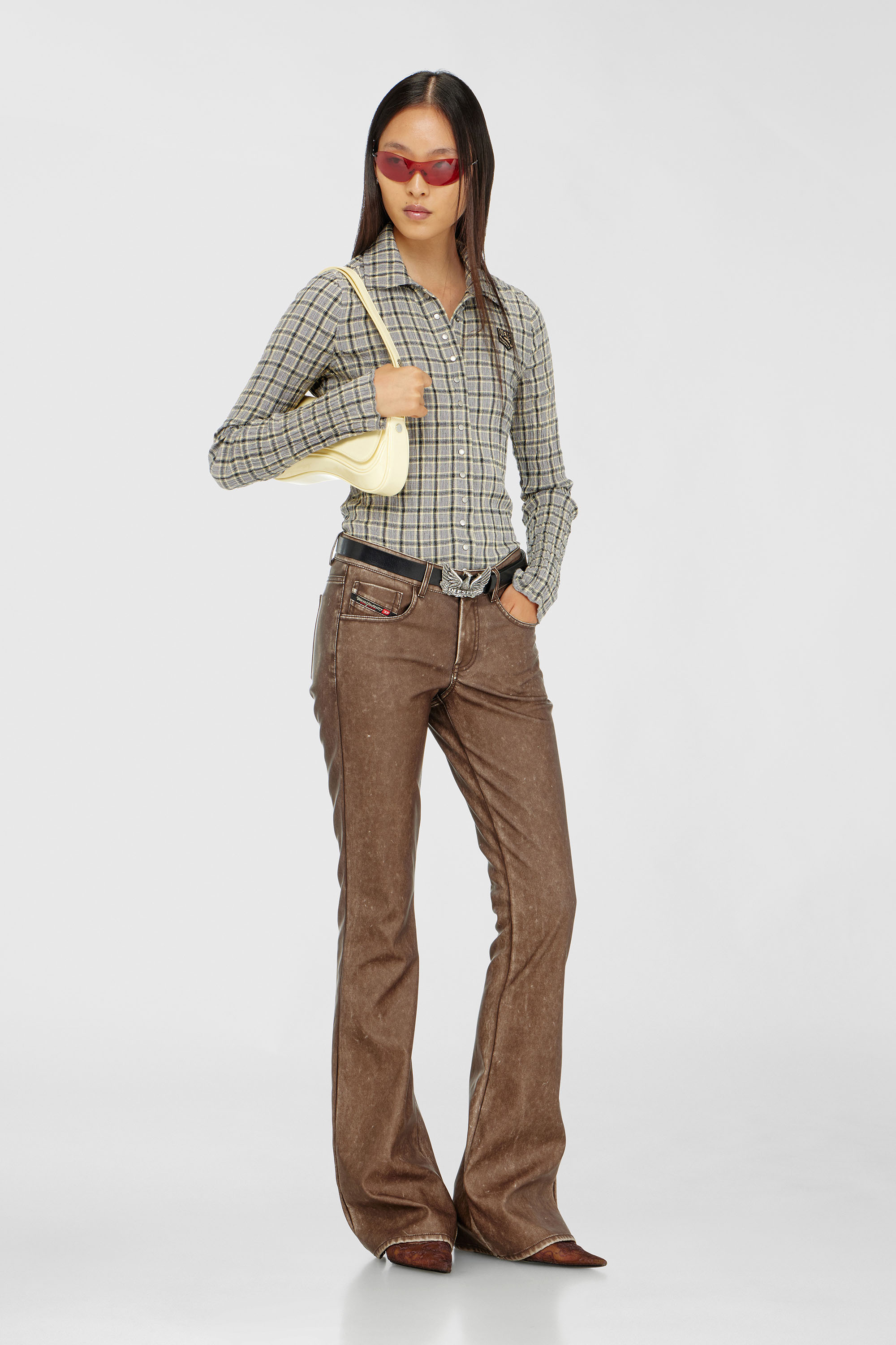 Diesel - P-STELLAR-S1, Woman's Bootcut pants in treated coated fabric in Brown - 1