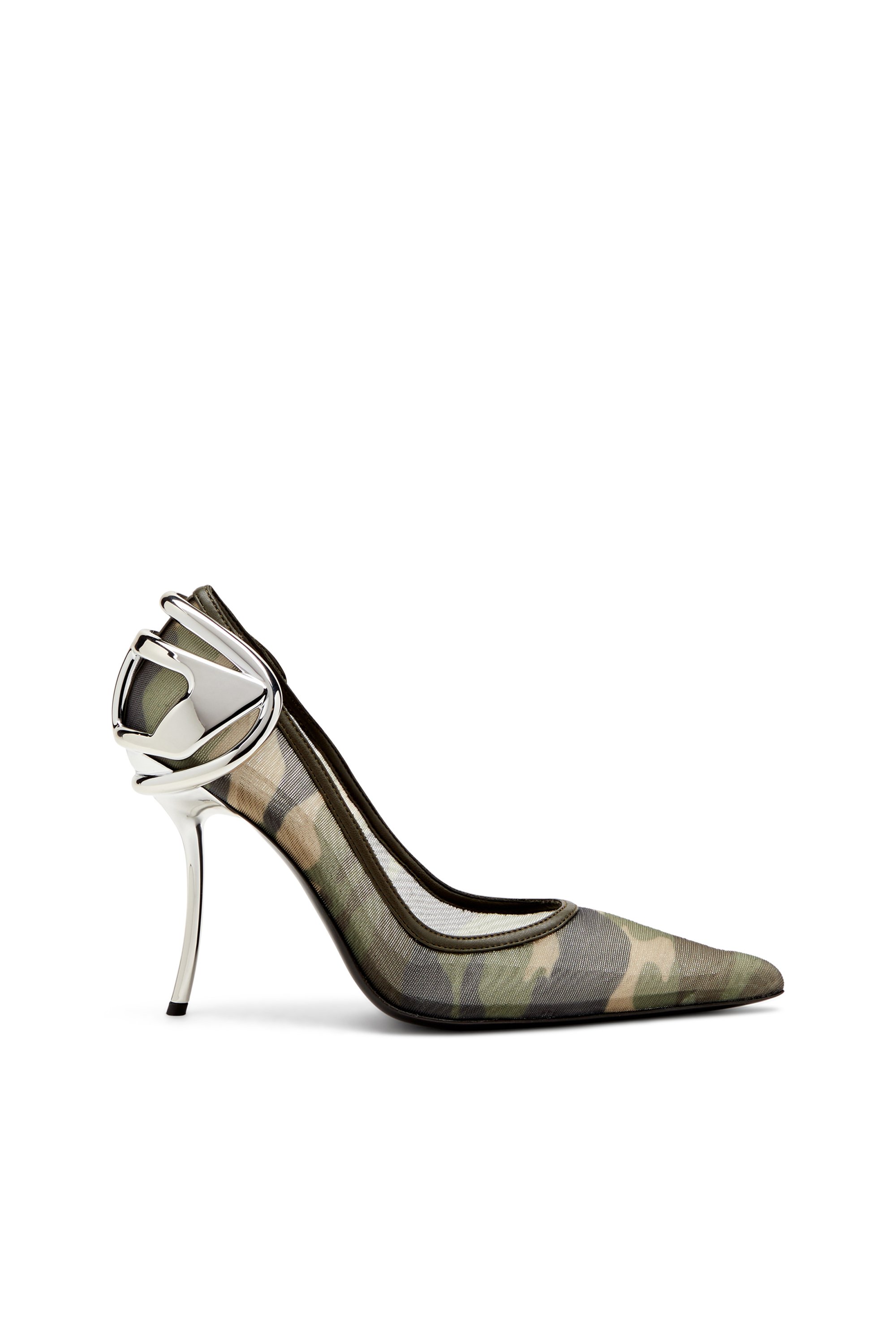 Diesel - D-TEN&HALF P, Woman's D-Ten&Half-Camo-mesh pumps with curved heel in Military Green - 2