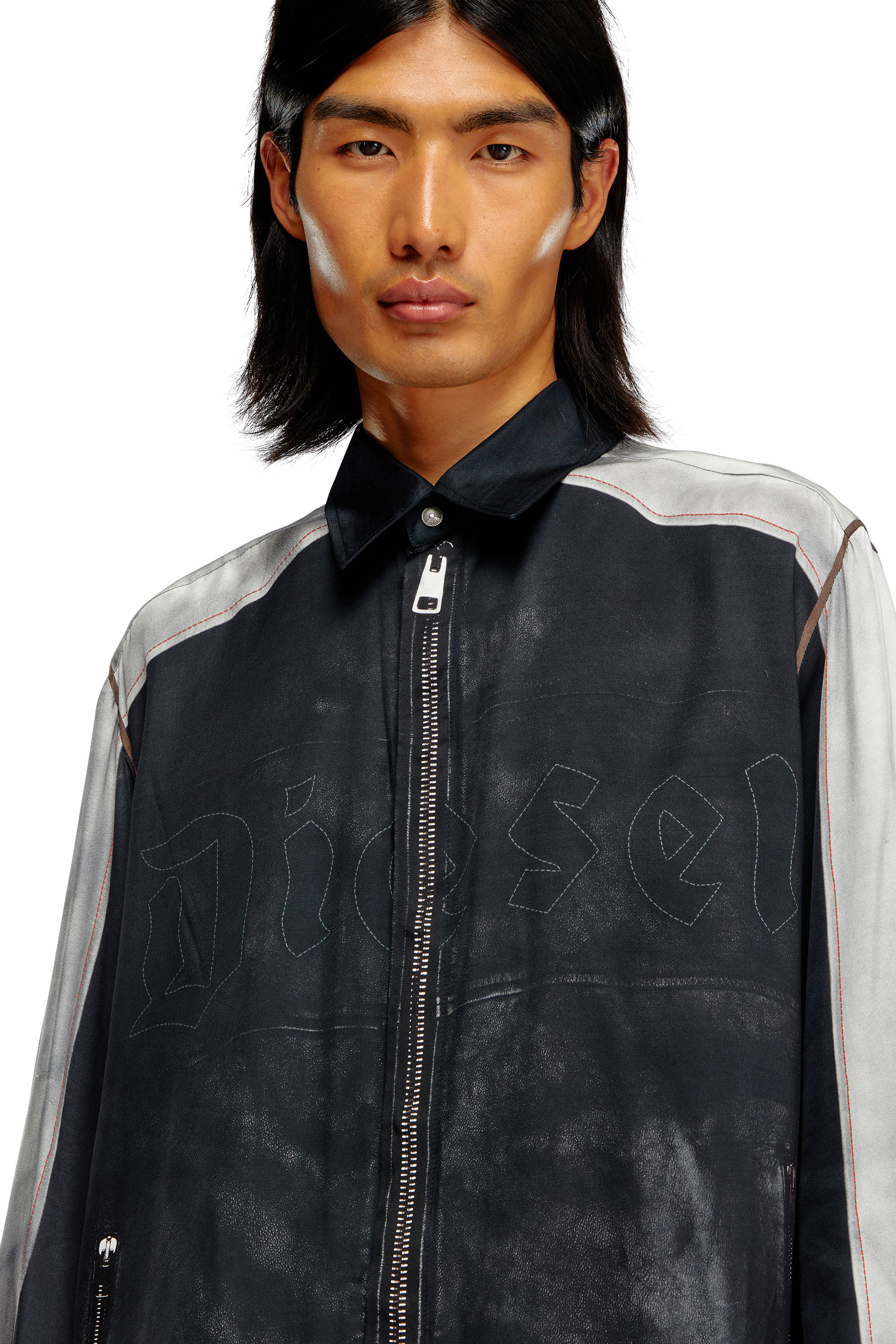 Diesel - S-AFTER, Man's Shirt with trompe l'oeil print in Black/Grey - 5