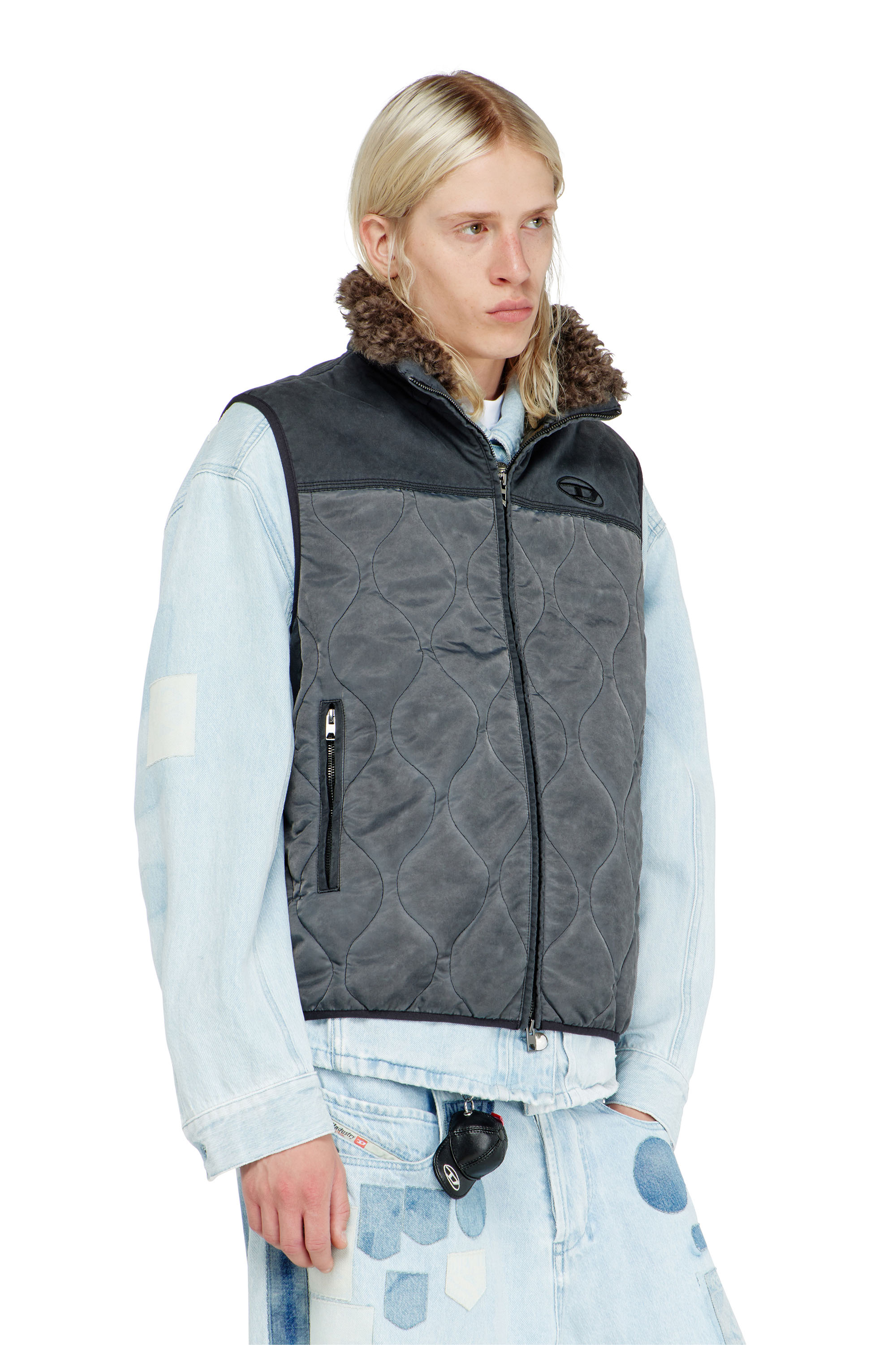 Diesel - J-ALVAR, Man's Quilted vest with fluffy neck lining in Dark grey - 1