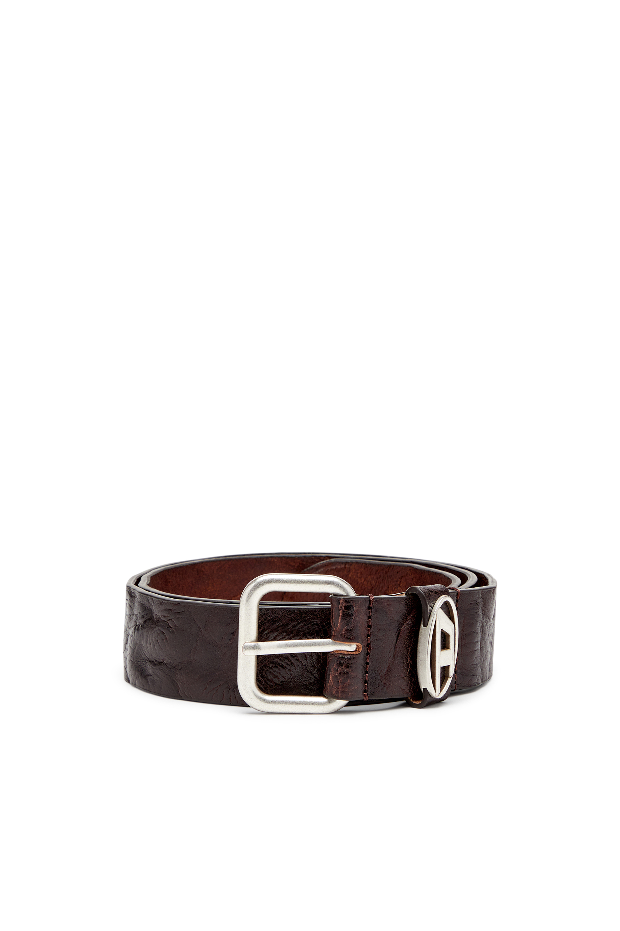 Diesel - B-1DR OVAL D LOOP, Unisex's Logo-plaque wrinkled leather belt in Dark Brown - 1