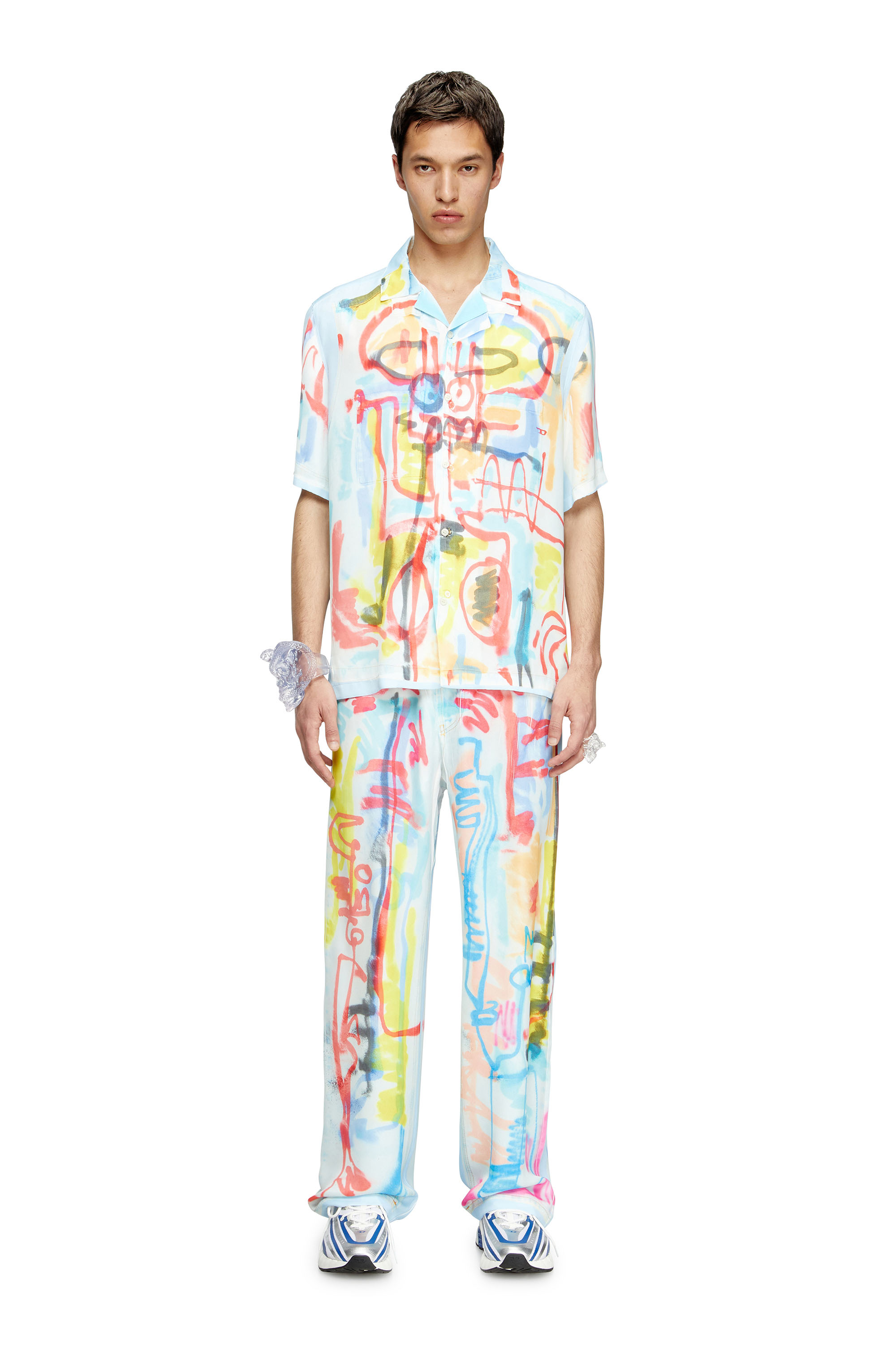 Diesel - C-PAROSHORT-GRAFFITI-AFR, Unisex's Satin bowling shirt with graffiti print in Light Blue - 1
