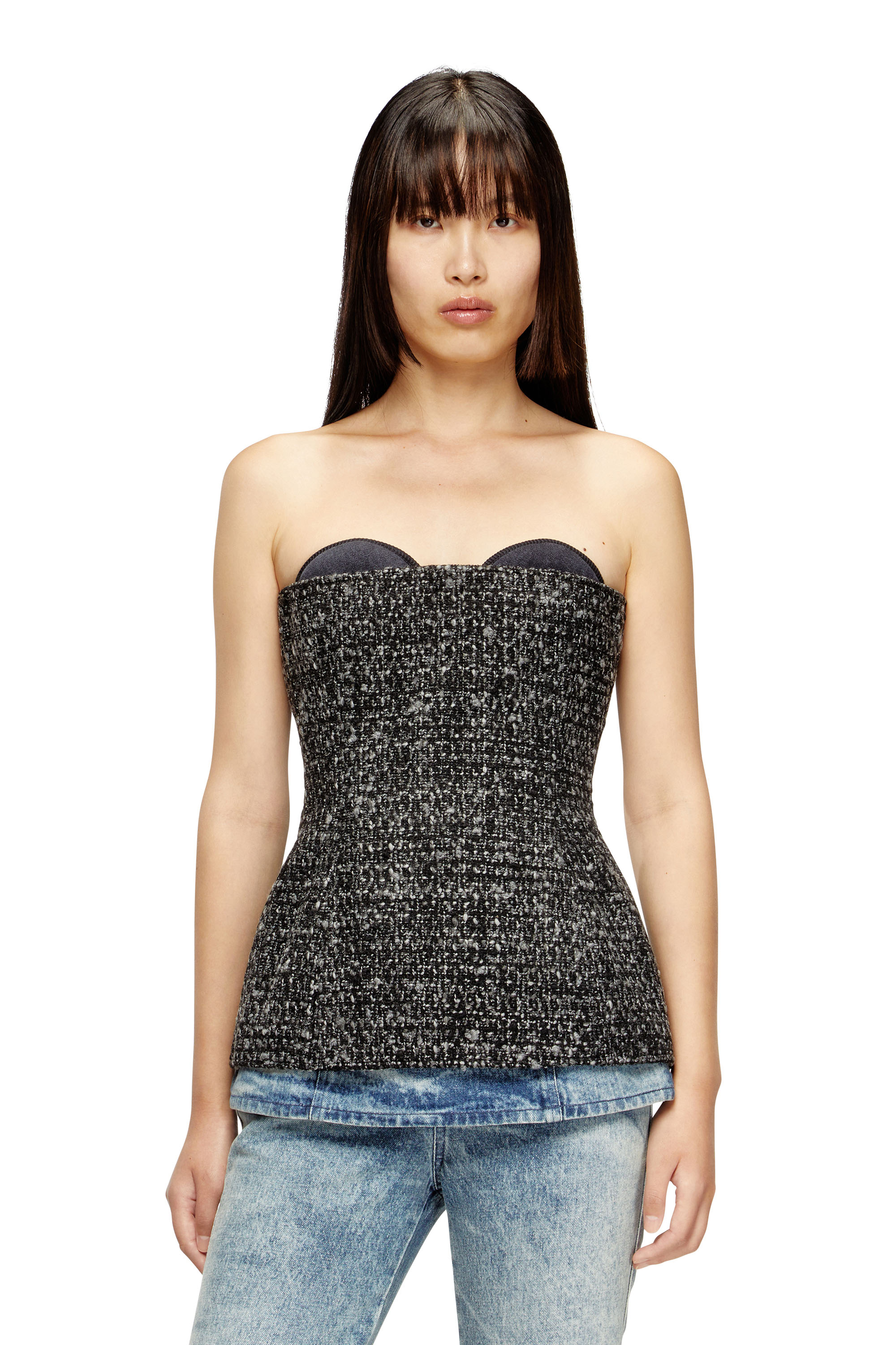 Diesel - T-ORSET, Woman's Bouclé corset top with ultra-low cut in Black - 3