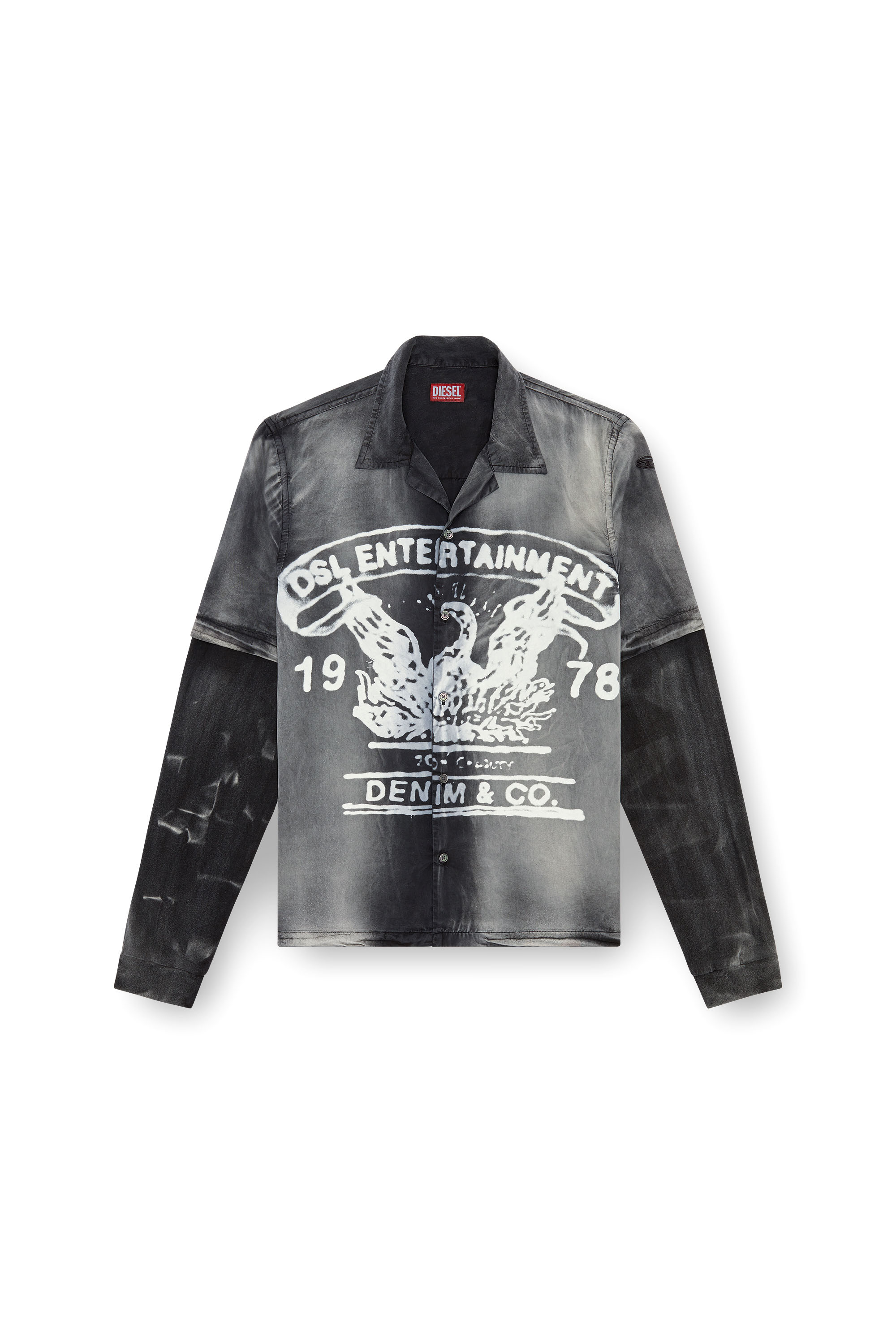 Diesel - S-EEKLO, Man's Faded bowling shirt with logo graphic in Black/Grey - 3