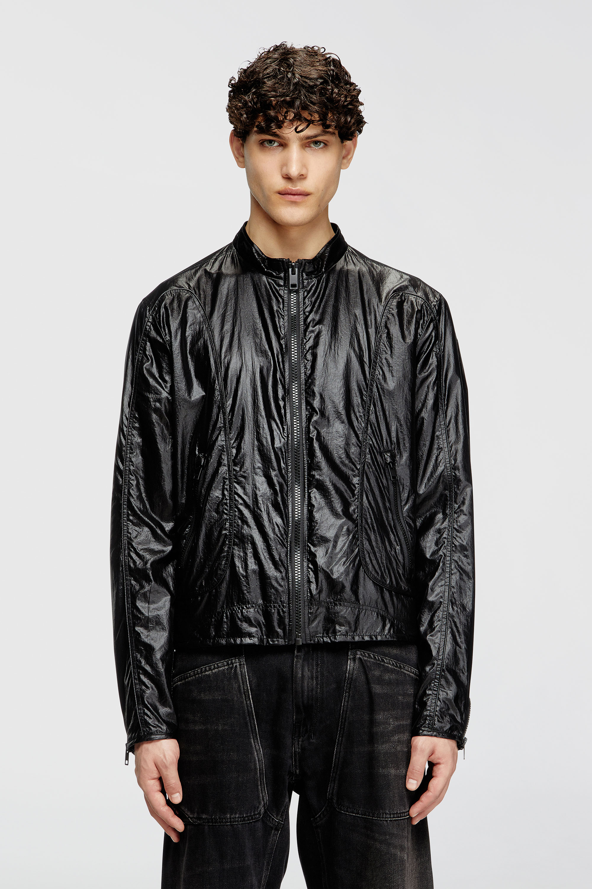 Diesel - J-CLAYS, Man's Biker jacket in shiny ripstop in Black - 1