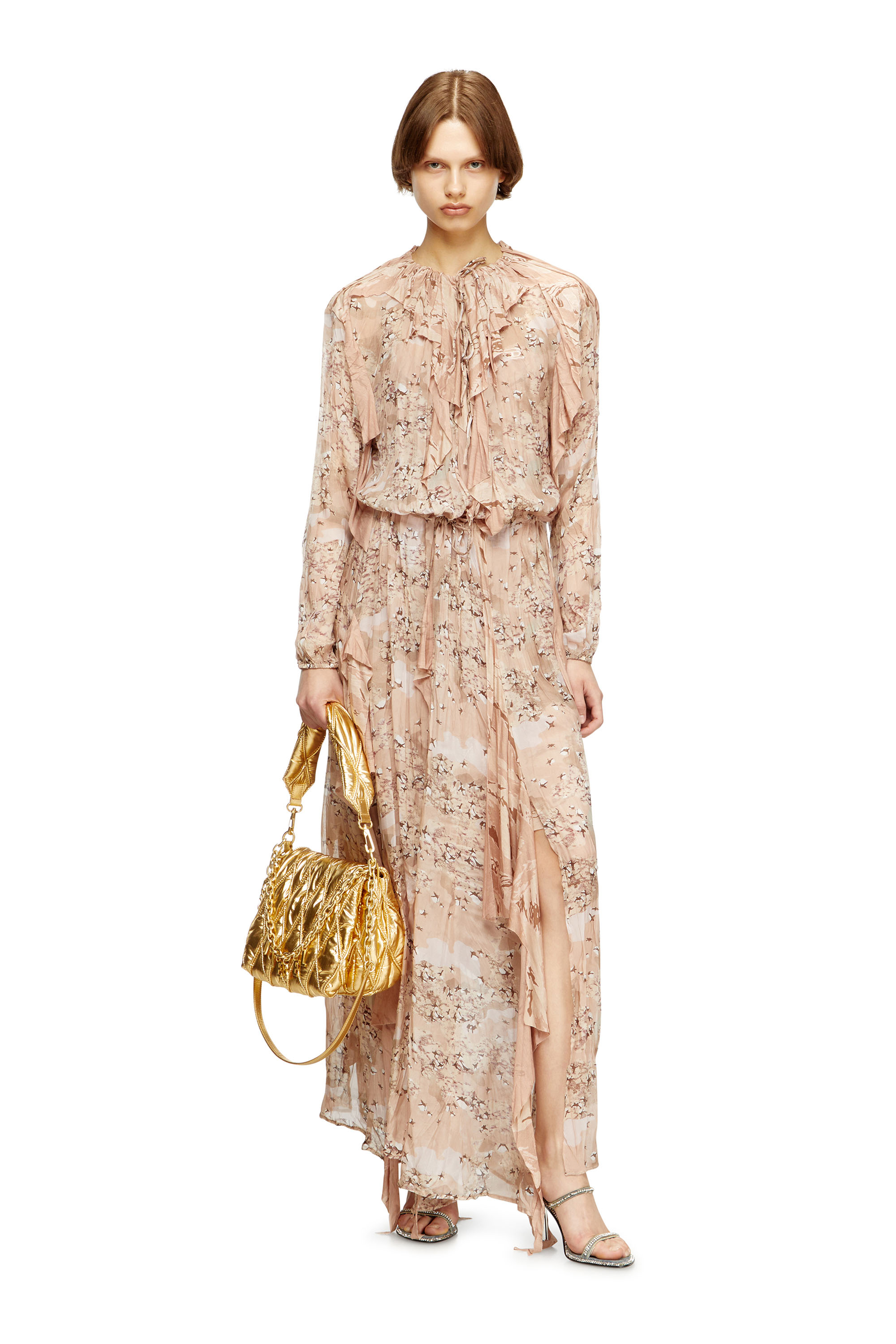 D-AZZLING-R1, Face Powder Diesel - D-AZZLING-R1, Woman's Ruffled maxi dress in camo chiffon in Face Powder - 1