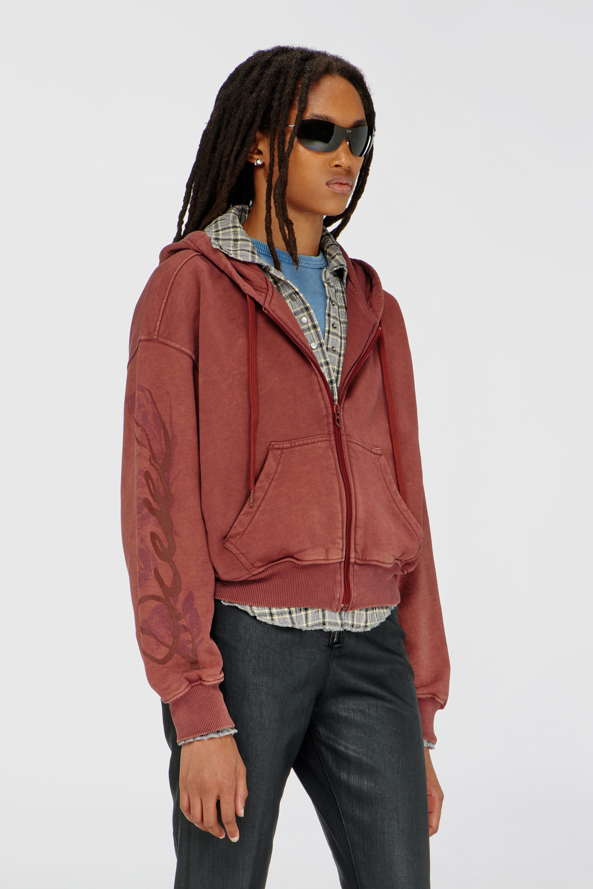 Diesel - F-ELYCY, Woman's Zip-up hoodie with puff-print floral logo in Brown - 1