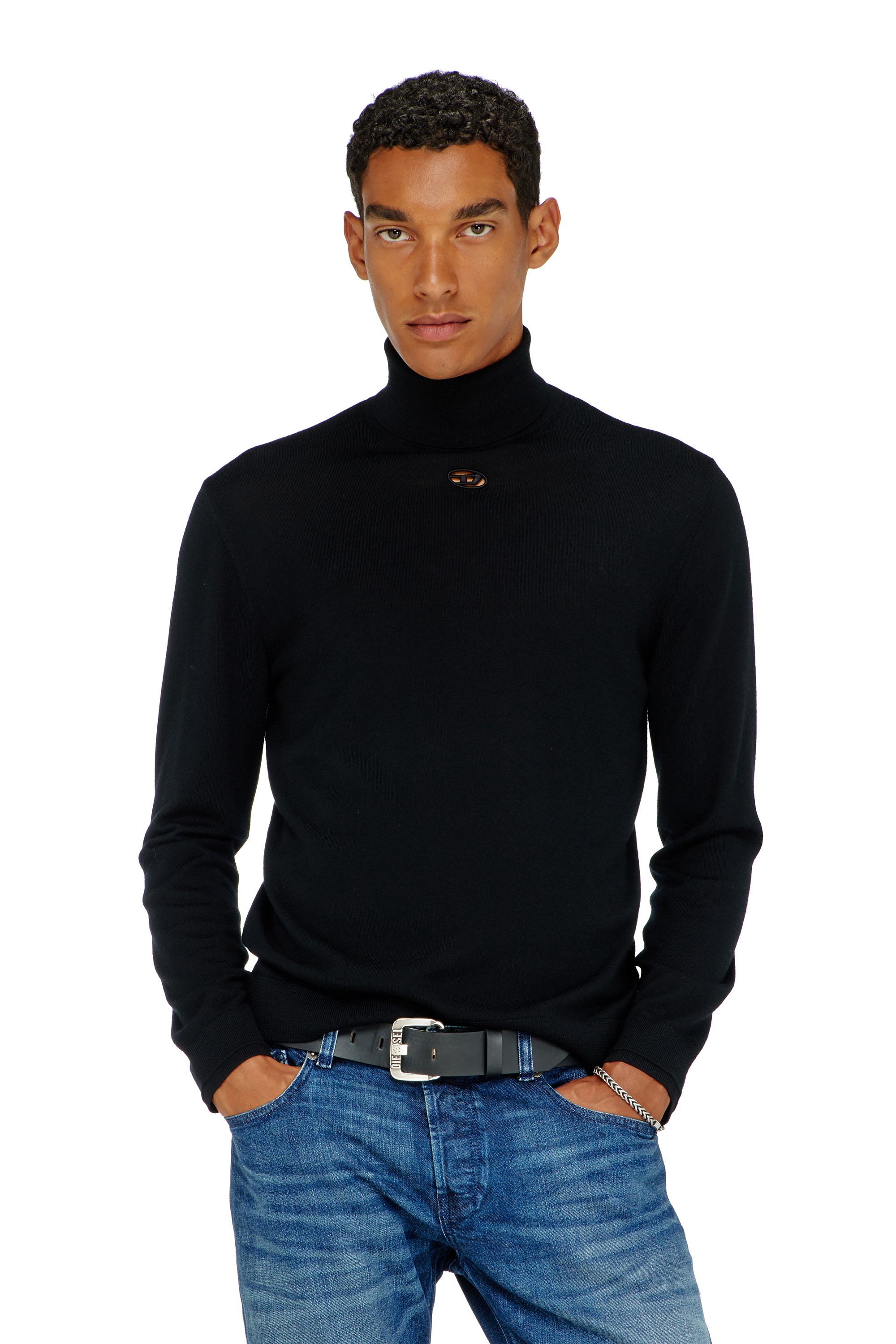 Diesel - K-VARTA, Man's Wool turtleneck jumper with cut-out logo in Black - 1