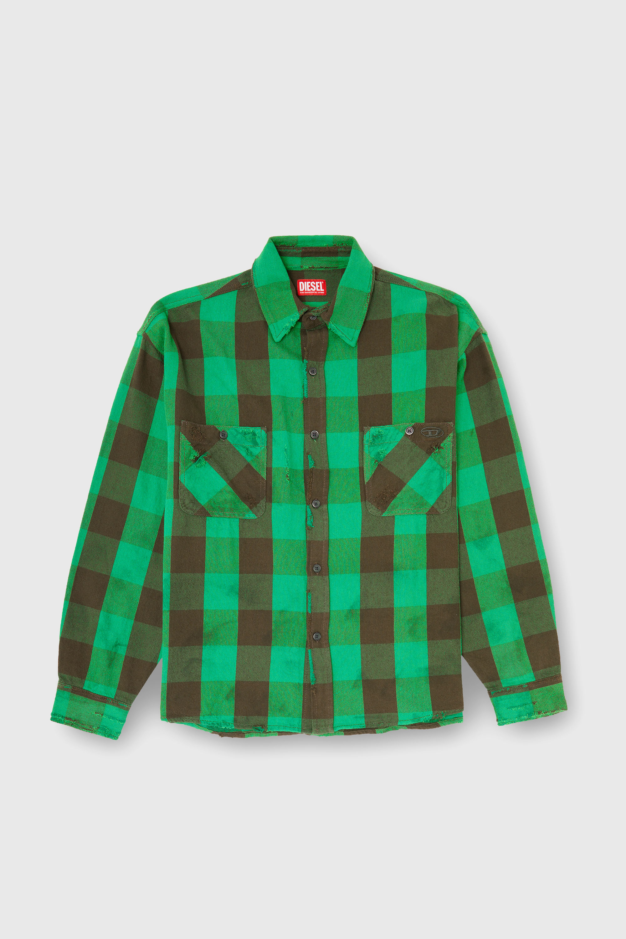 Diesel - S-DRUM, Man's Check flannel shirt with distressed effect in Brown/Green - 1