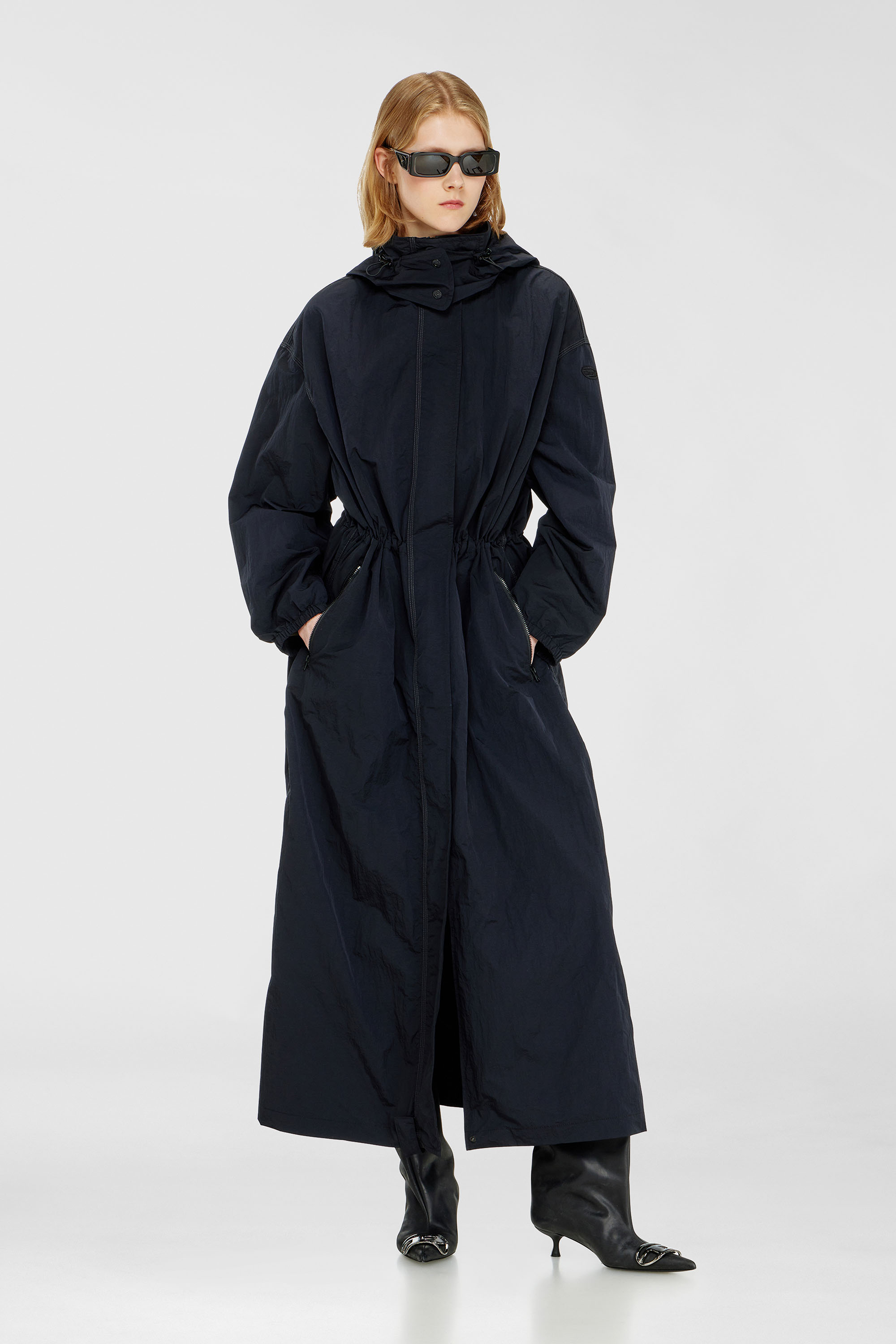 Nylon trench coat with detachable hood