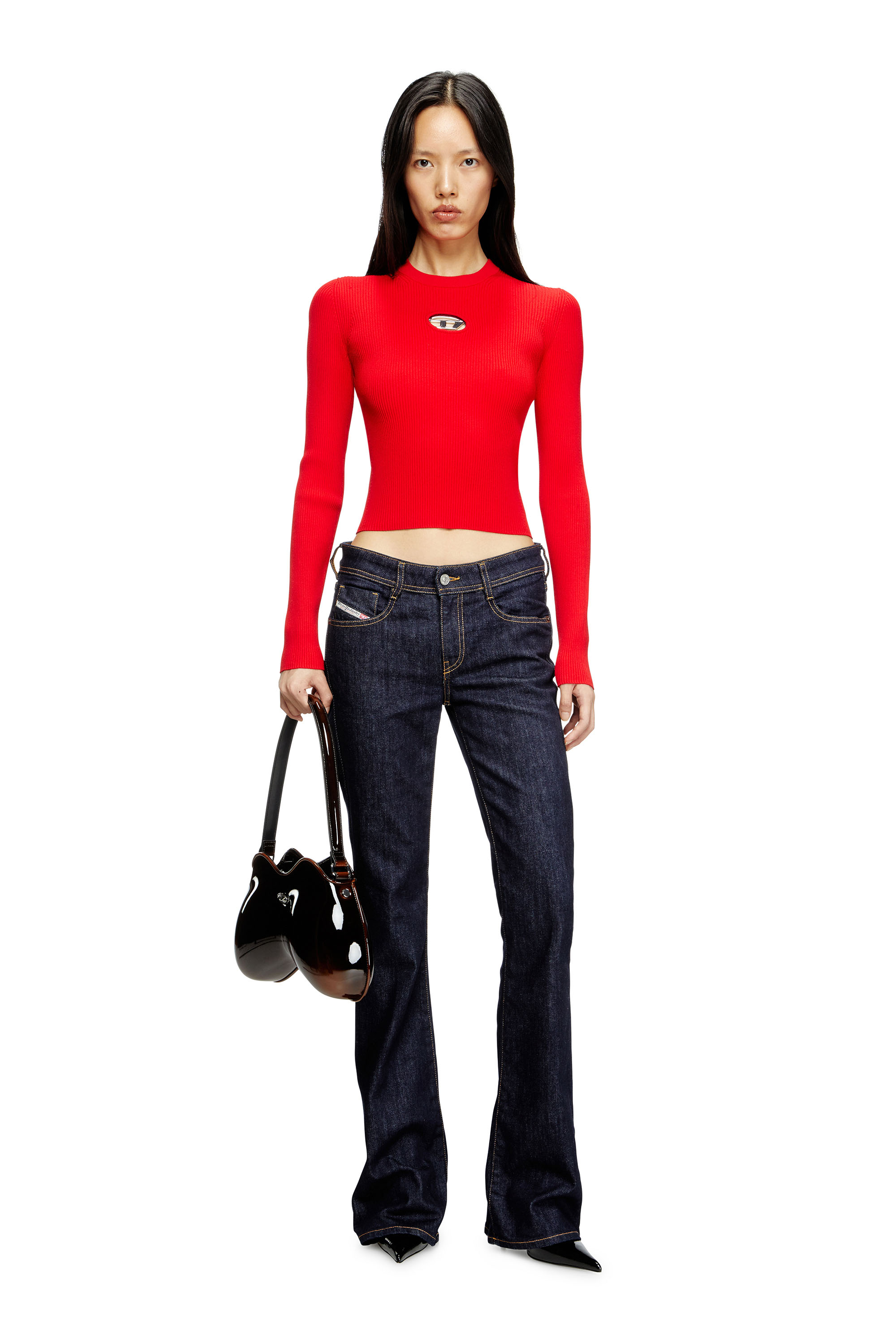Diesel - M-VALARI, Woman's Rib-knit viscose-blend top with Oval D in Red - 1