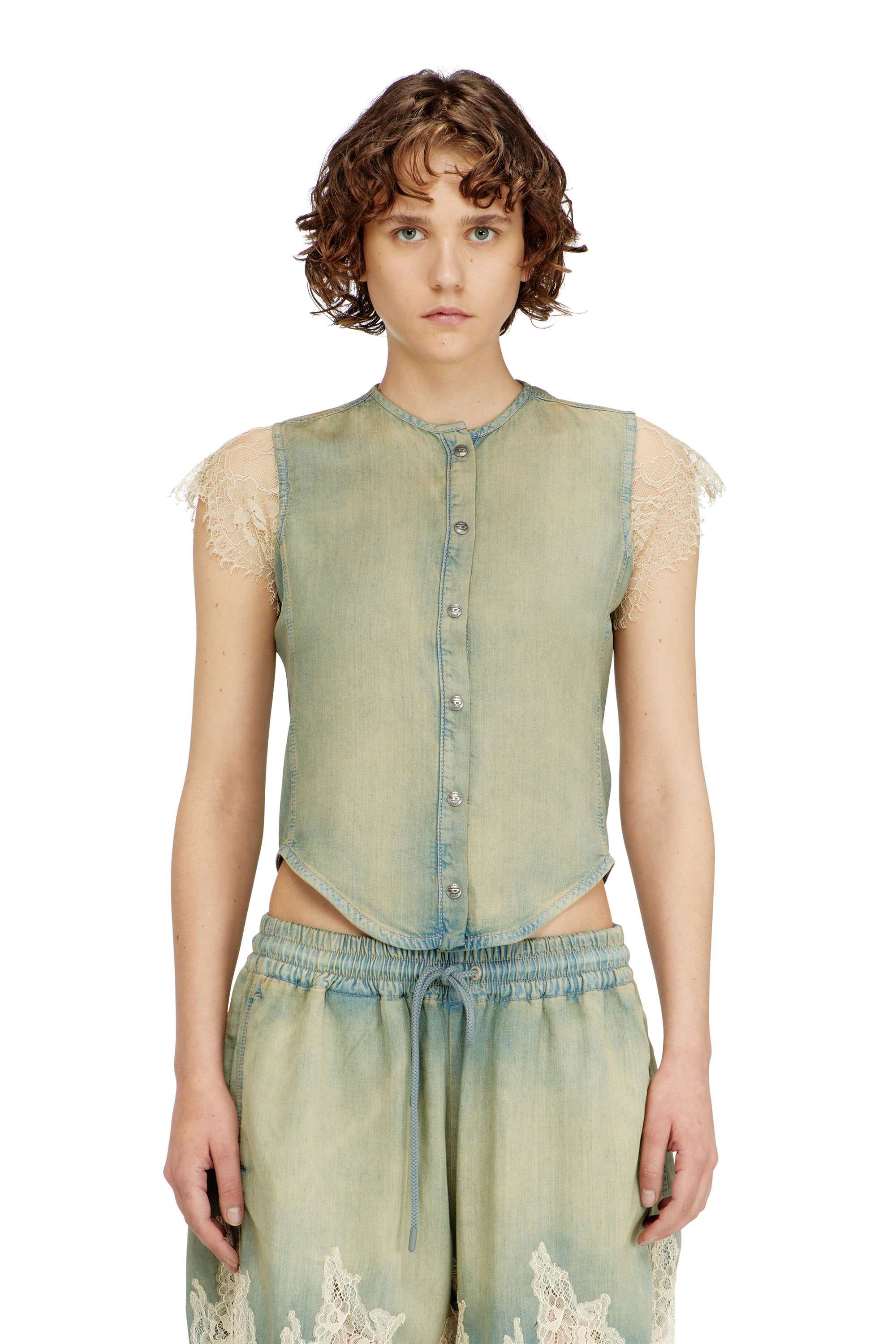 Diesel - DE-MALKA-S, Woman's Short-sleeve shirt in denim and lace in null - 3