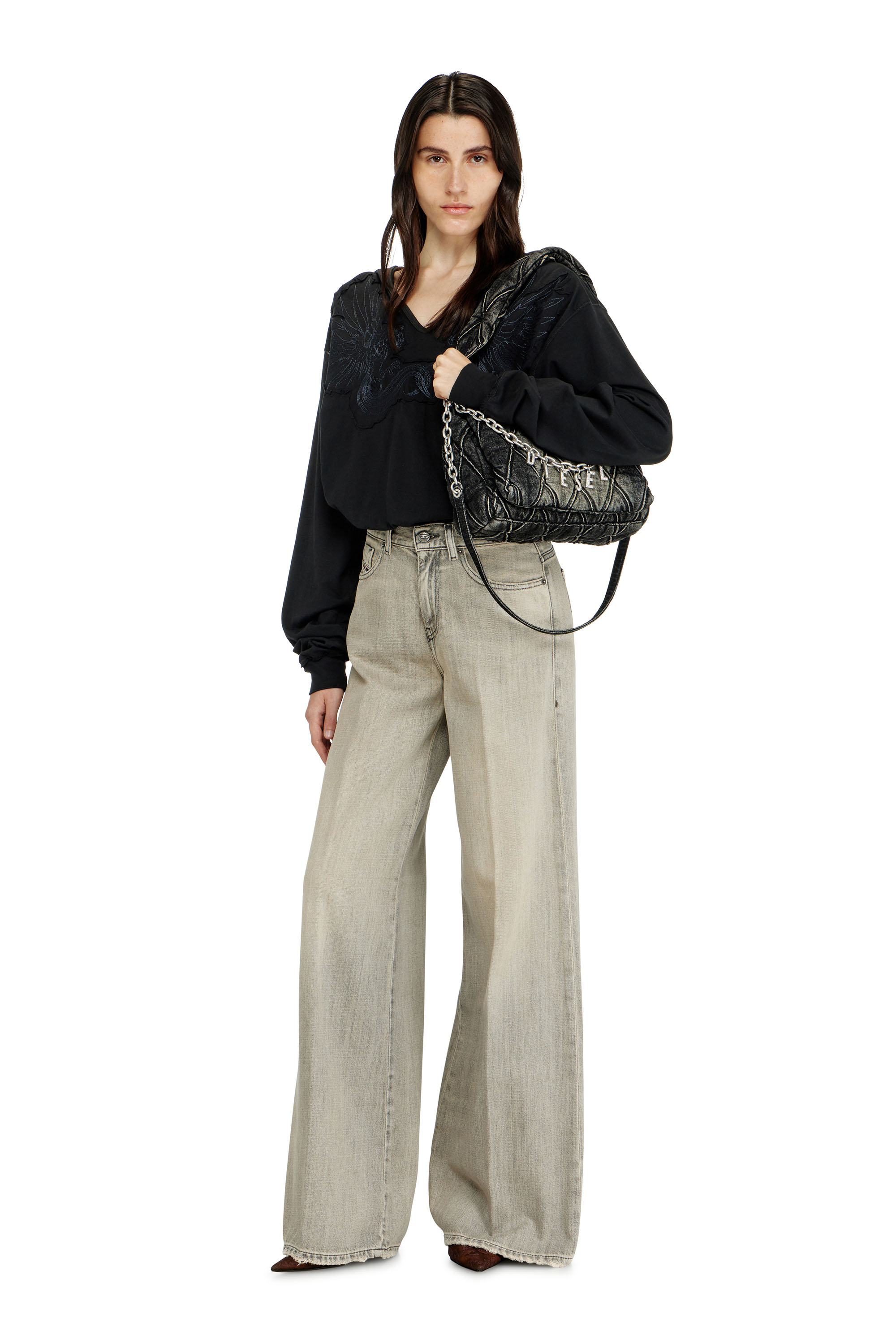 Diesel - CHARM-D SHOULDER S, Woman's Charm-D-Small shoulder bag in treated quilted denim in Black - 2