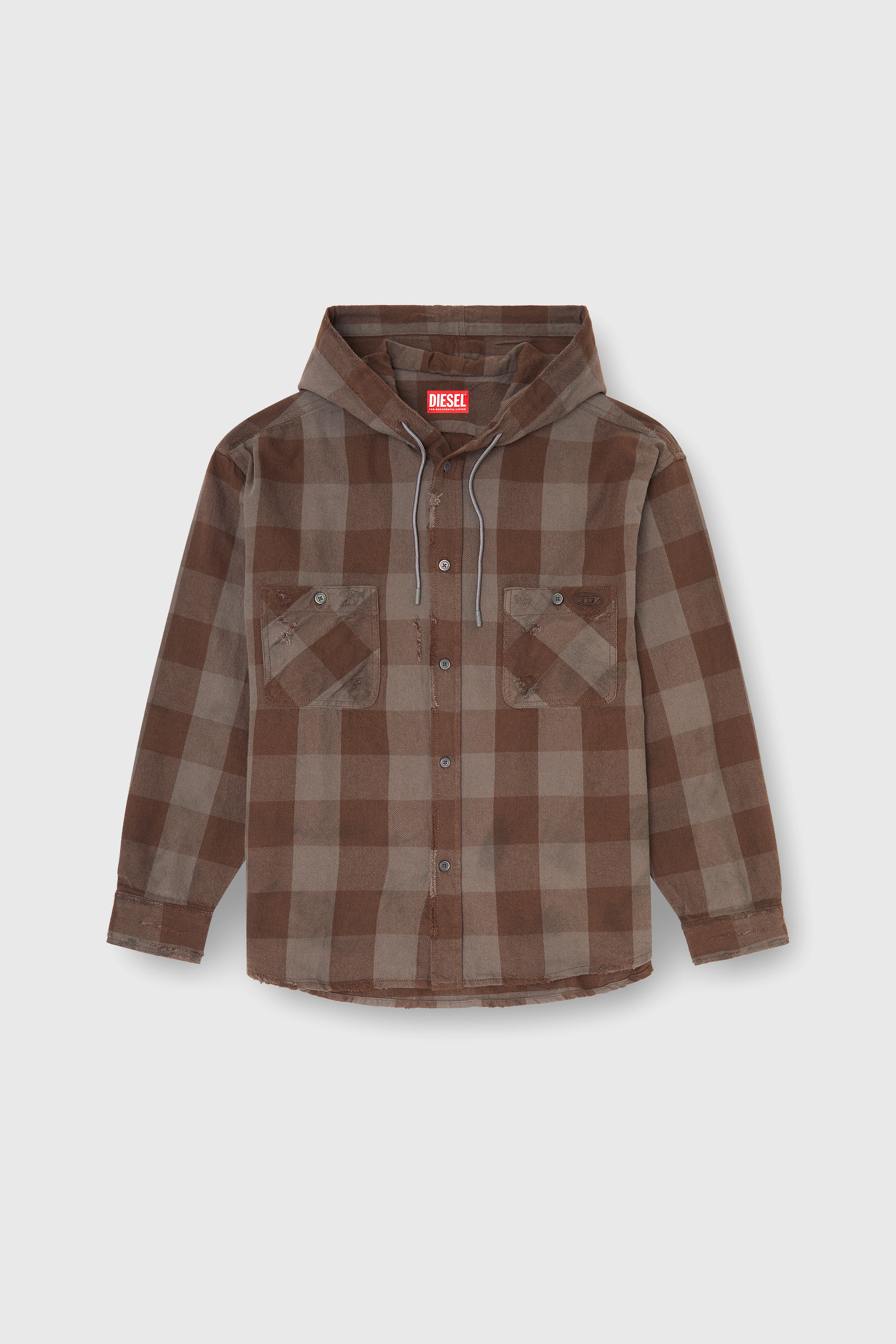 Diesel - S-DRUM-HOODY, Man's Distressed hooded shirt in check flannel in Brown - 1