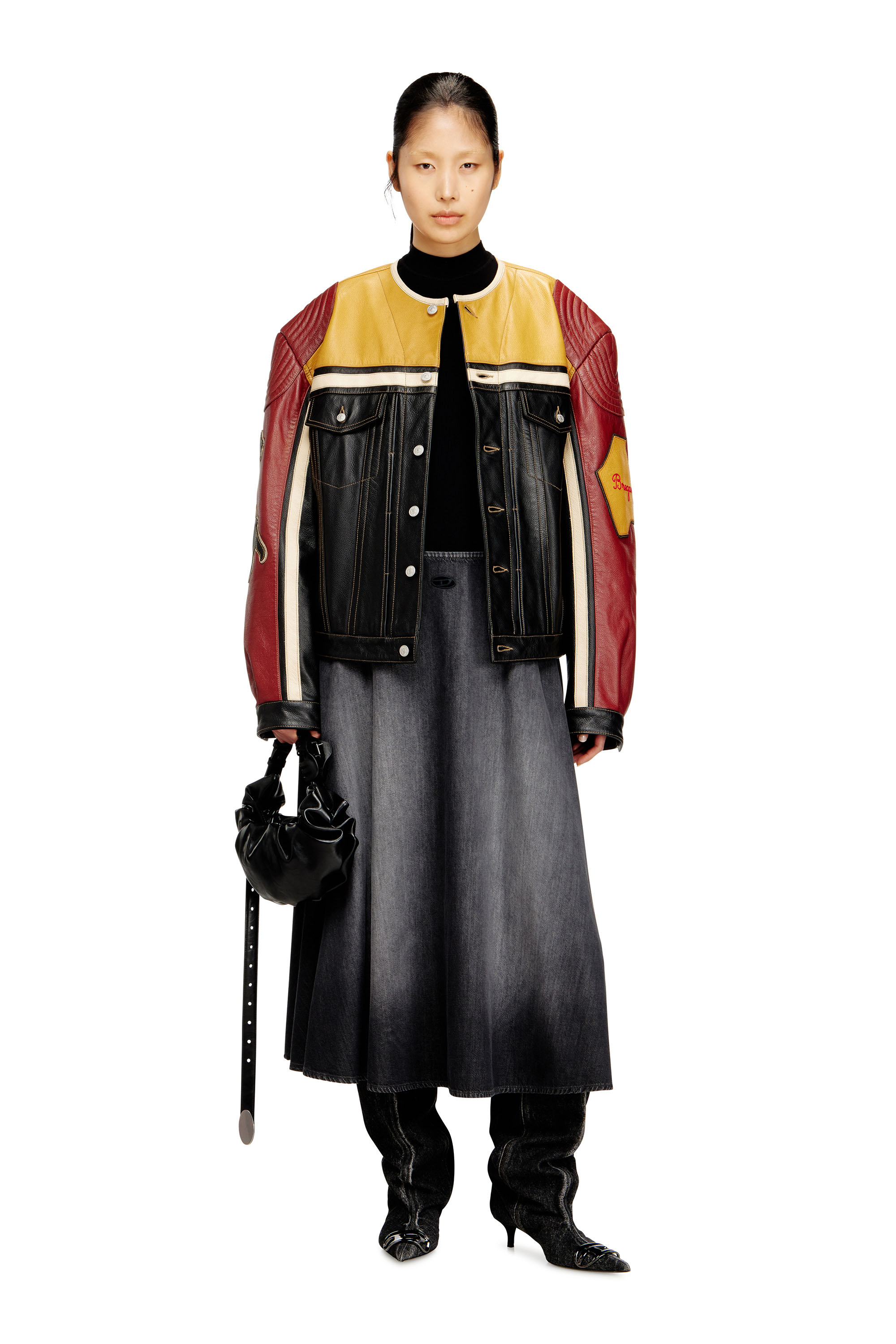 Diesel - L-COUG-20TH, Unisex's Leather jacket with patch details in Black/Red - 7