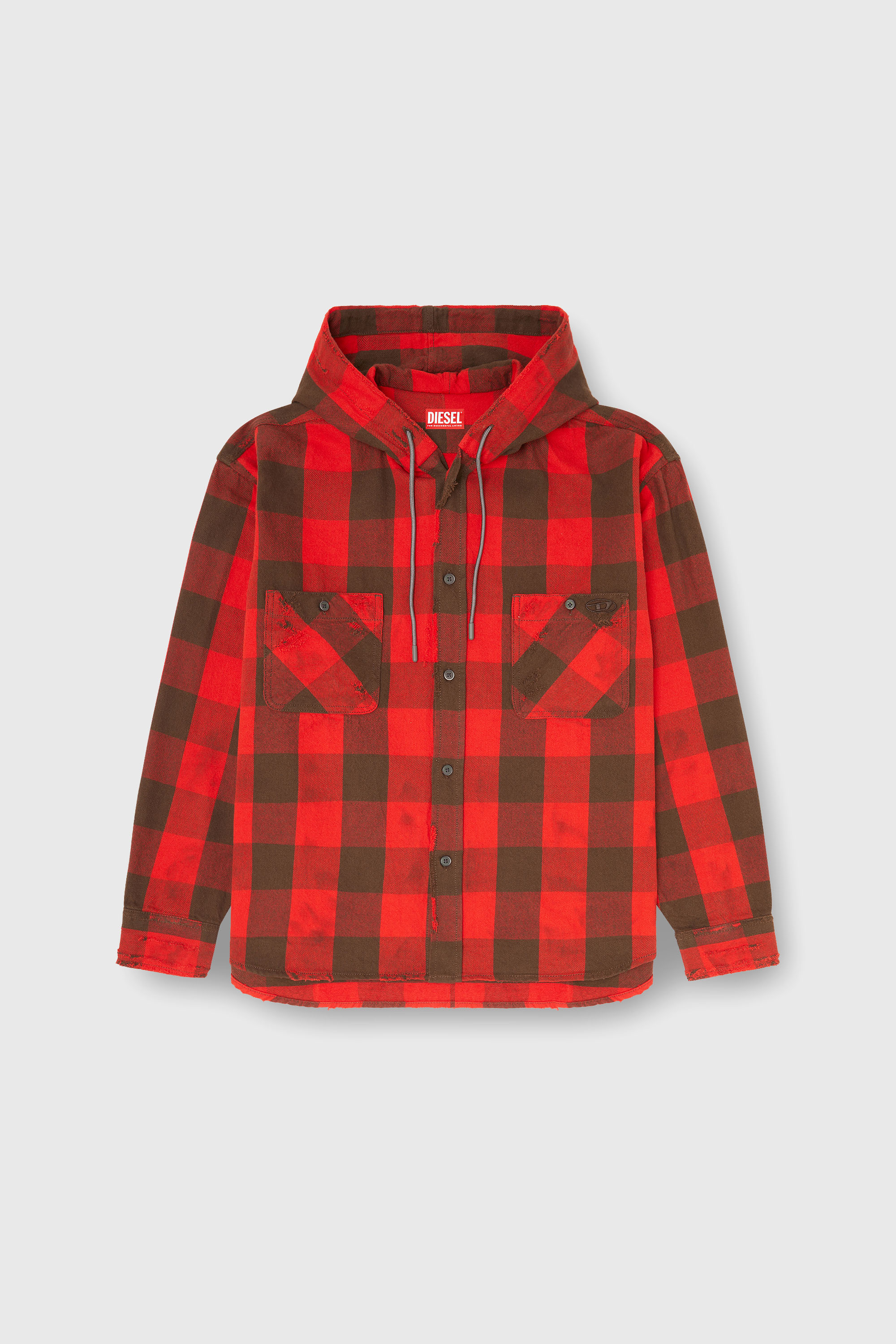 Diesel - S-DRUM-HOODY, Man's Distressed hooded shirt in check flannel in Brown/Red - 1