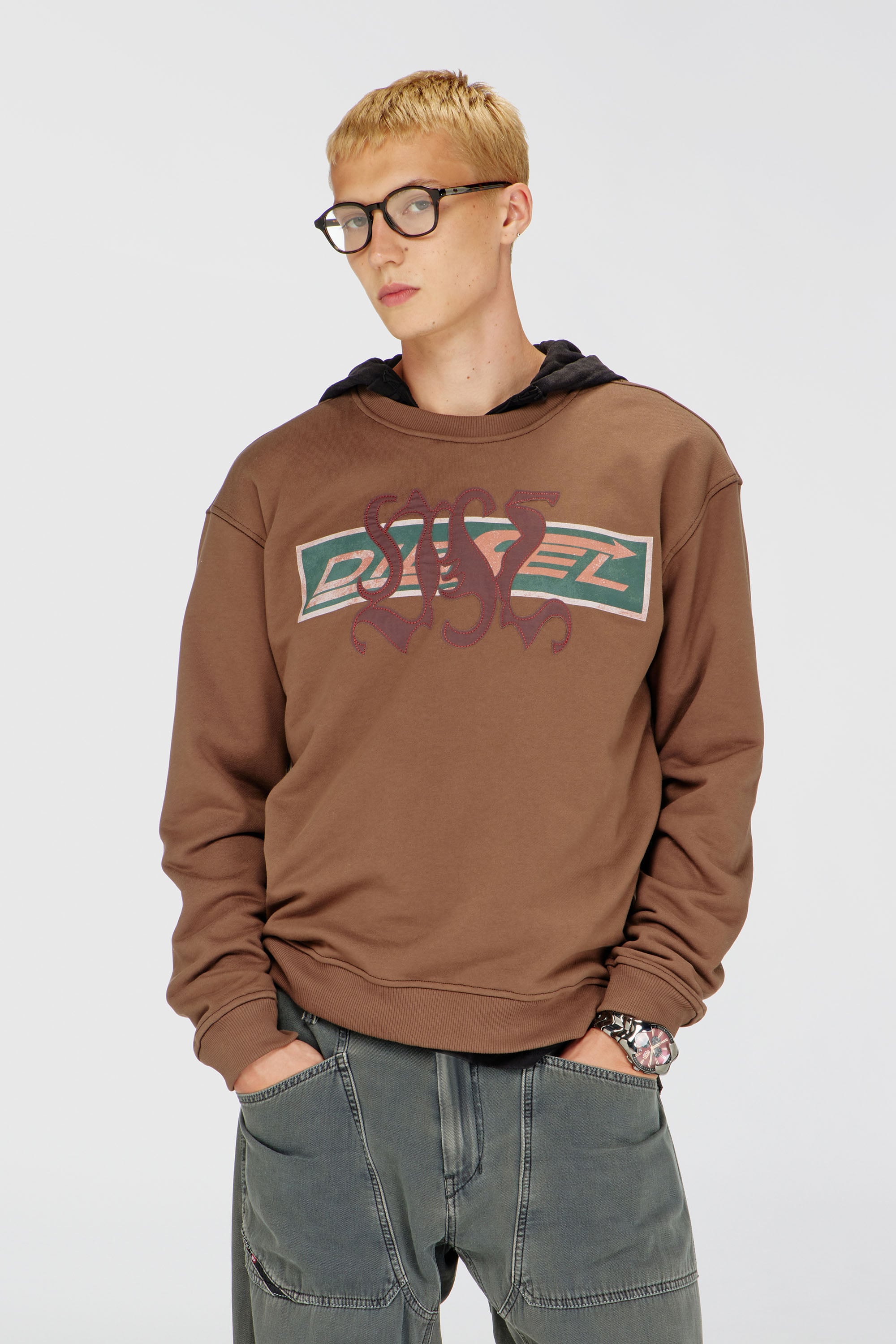 Diesel - S-NORM-AA6, Man's Sweatshirt with graphic prints and patches in Brown - 2