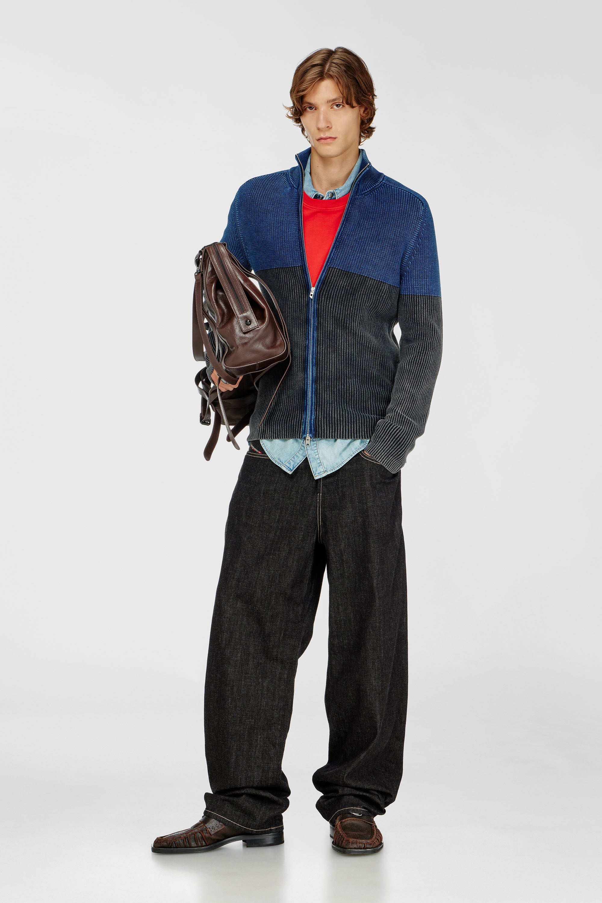 Diesel - K-HERMOS, Man's Zip-up cardigan with two-tone denim effect in Black/Blue - 2