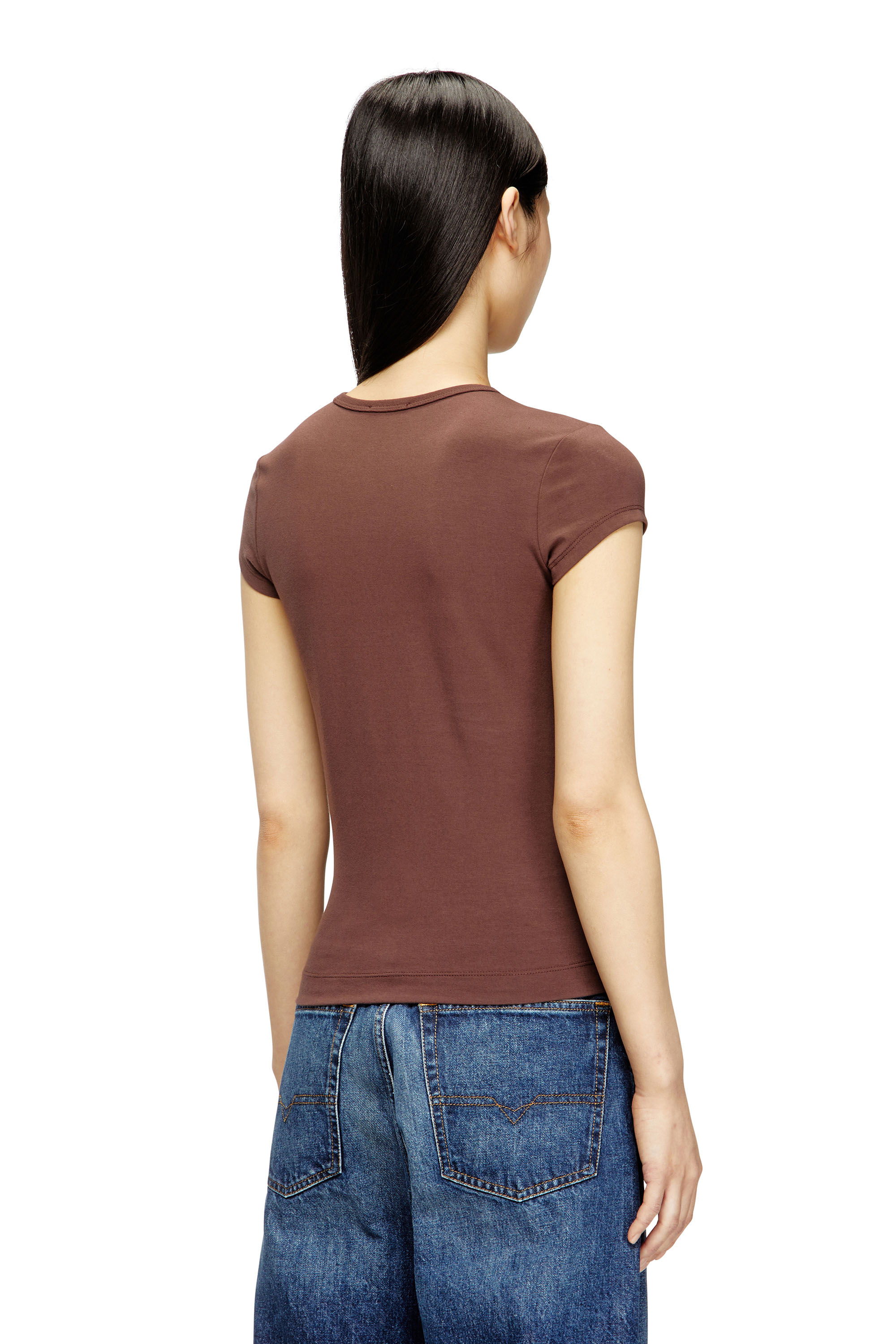 Diesel - T-ANGIE-OD, Woman's T-shirt with cut-out embroidered logo in Brown - 4