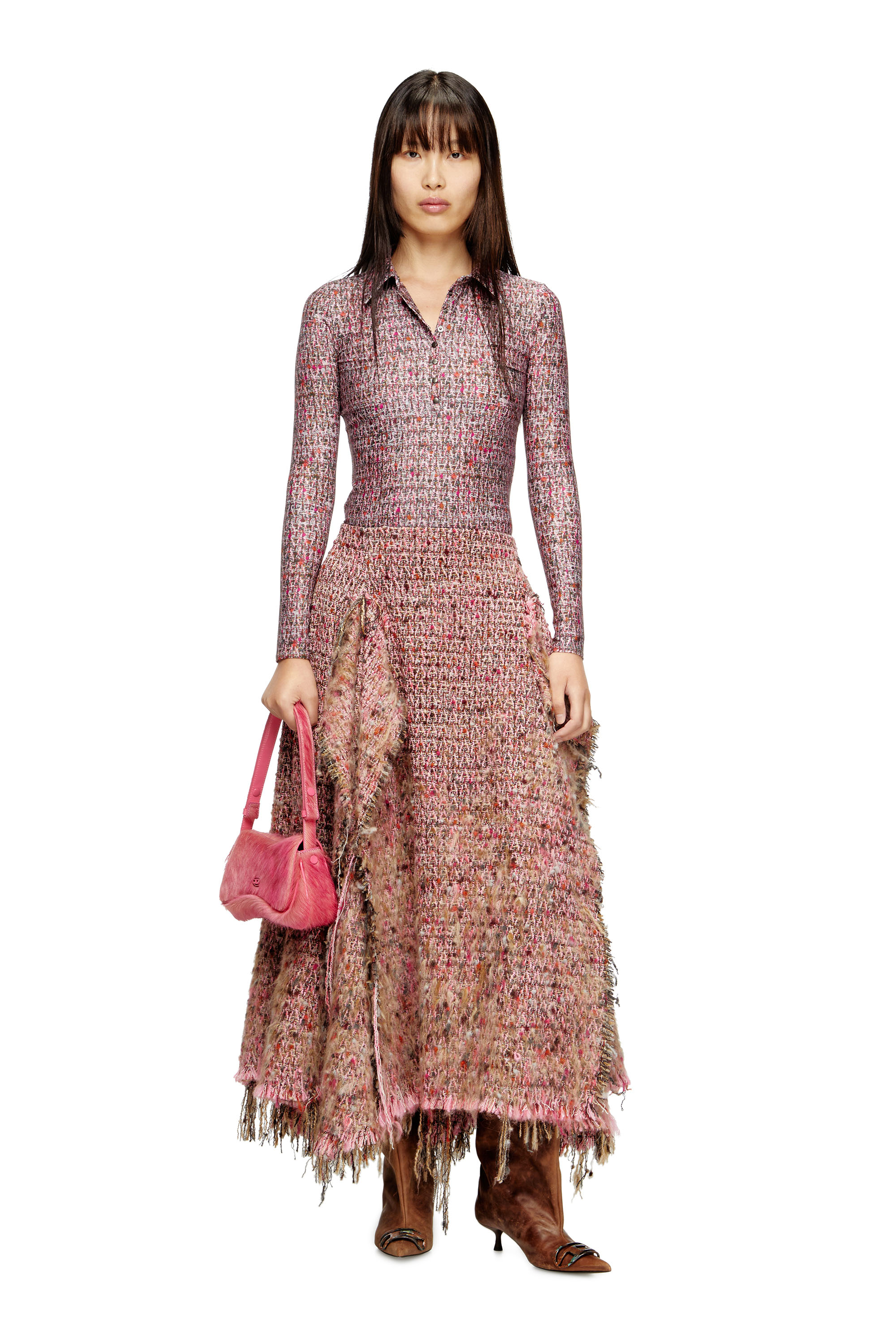 Diesel - O-RIELLA, Woman's Brushed bouclé skirt with frayed hem in Pink - 1