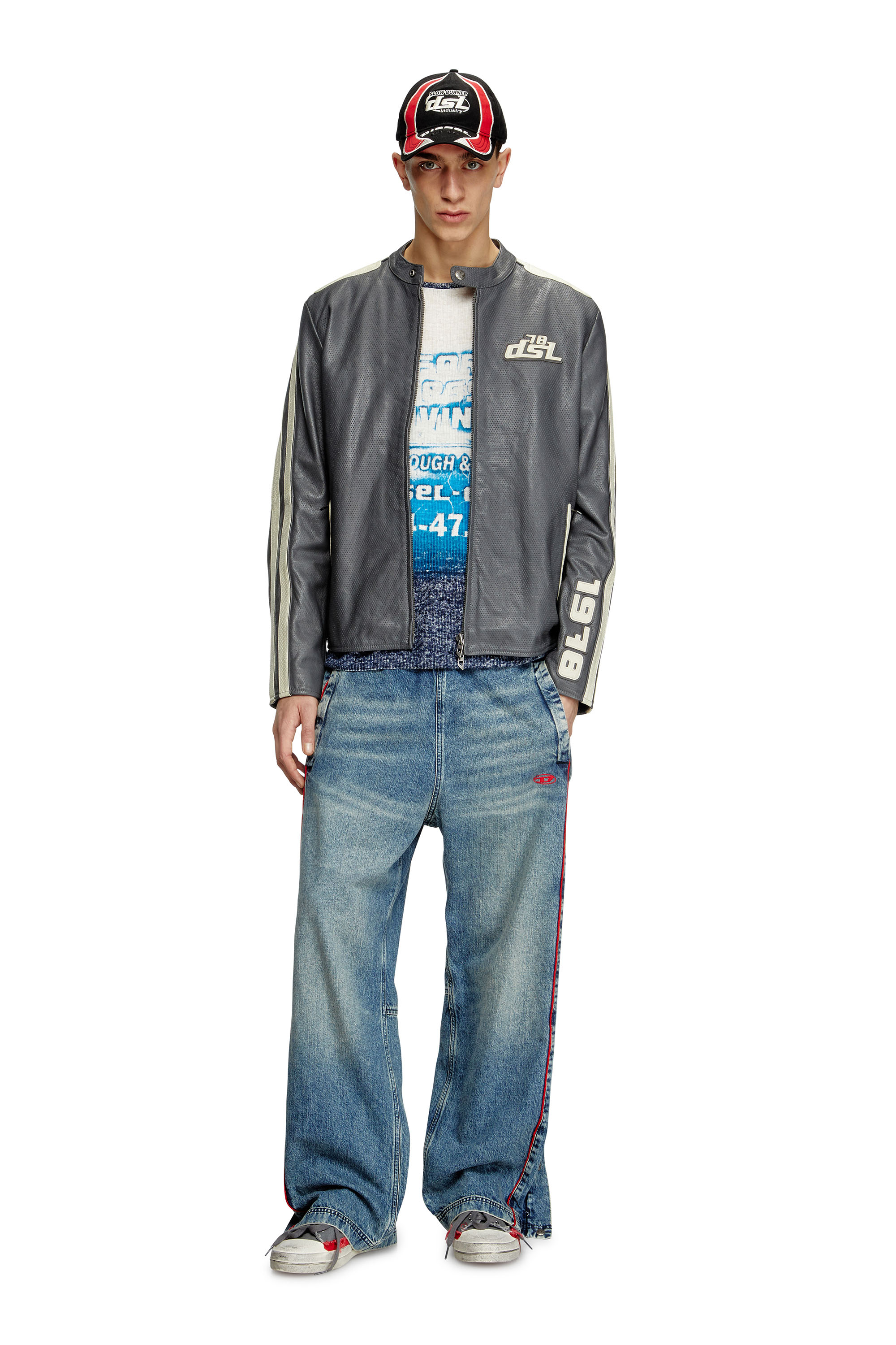 Diesel - L-POP, Unisex's Biker jacket in perforated leather in Grey - 1